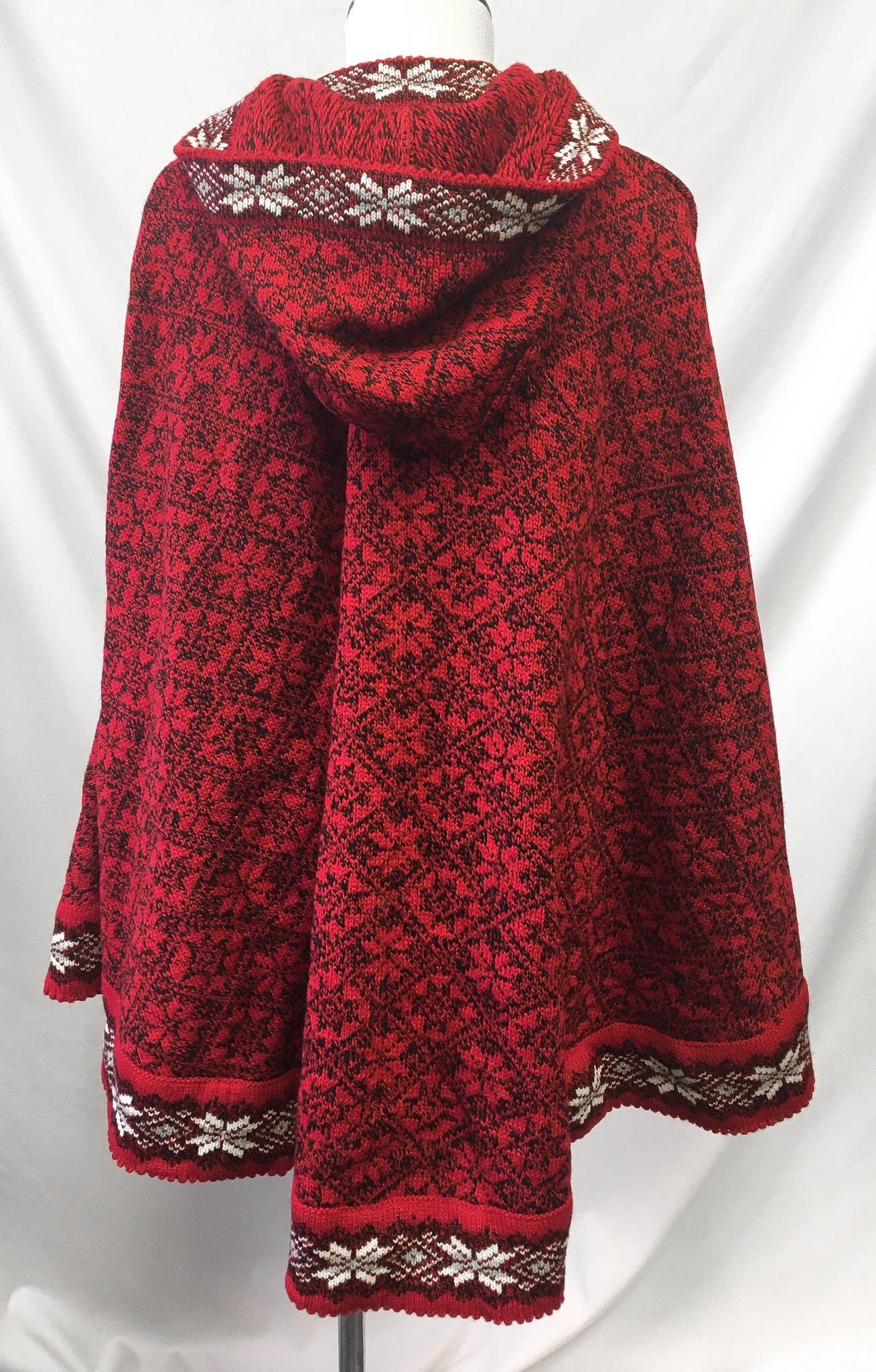 Vintage Handmade Red Fair Isle Wool Hooded Poncho with Silver Metal Heart Clasps, Sz. S-L, Unique Nordic Sweater Cardigan