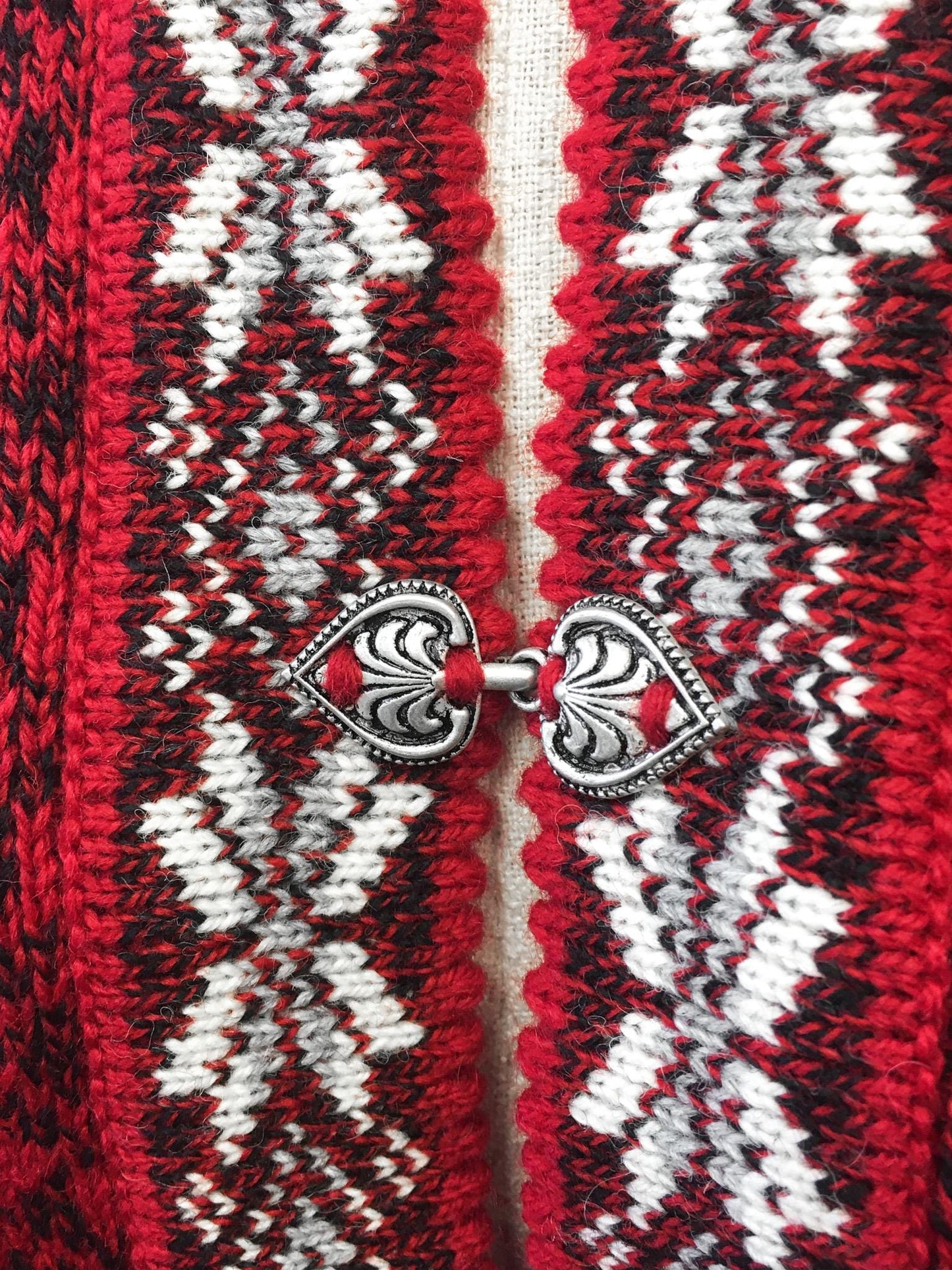 Vintage Handmade Red Fair Isle Wool Hooded Poncho with Silver Metal Heart Clasps, Sz. S-L, Unique Nordic Sweater Cardigan