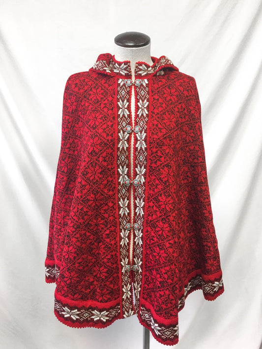 Vintage Handmade Red Fair Isle Wool Hooded Poncho with Silver Metal Heart Clasps, Sz. S-L, Unique Nordic Sweater Cardigan