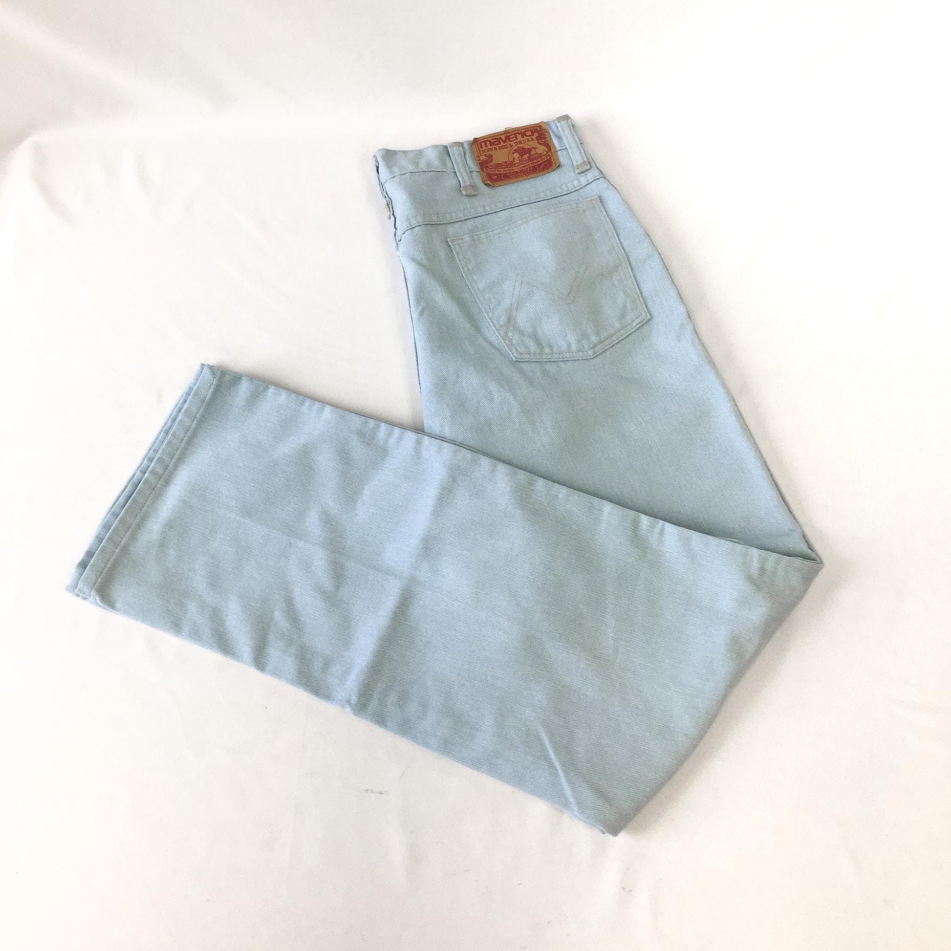 Vintage 70s Maverick Light Wash High Rise Unisex Bootcut Jeans, Sz. 32" x 30", Vintage Western Jeans