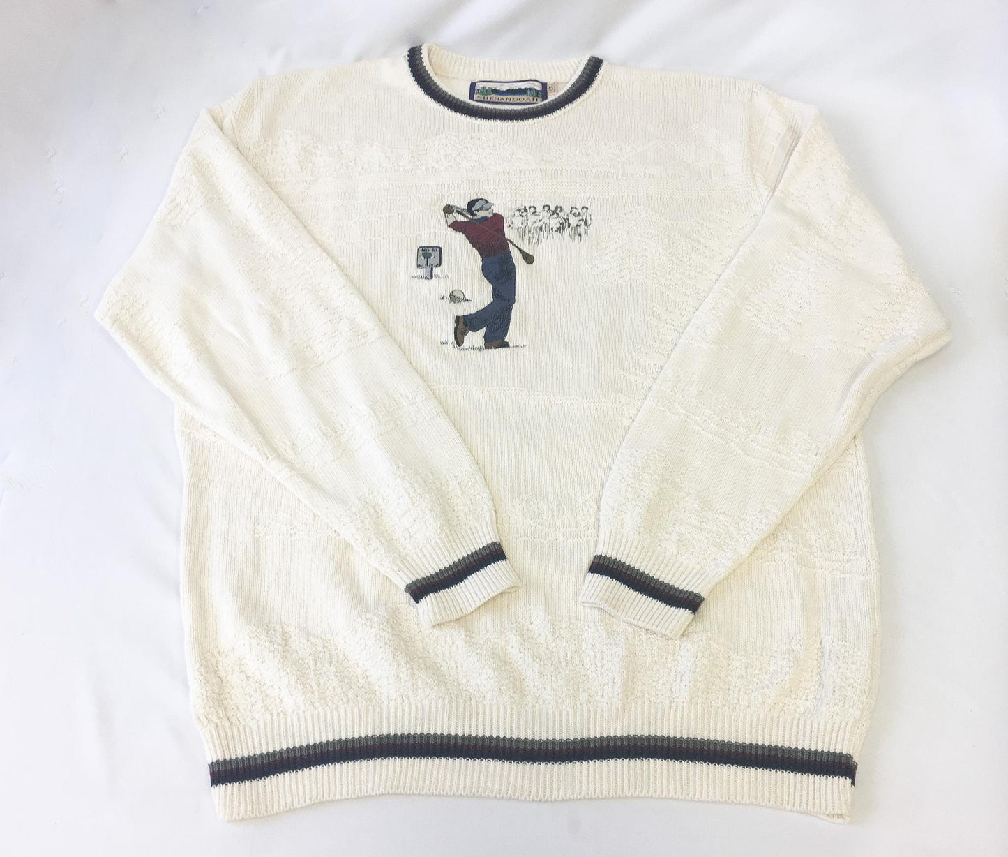 Vintage Shenandoah Cream/Off-White Golf Figure Embroidered Knit Sweater, Men's Sz. Large Tall, Vintage 90s Grandpa Dad Preppy Style Sweater
