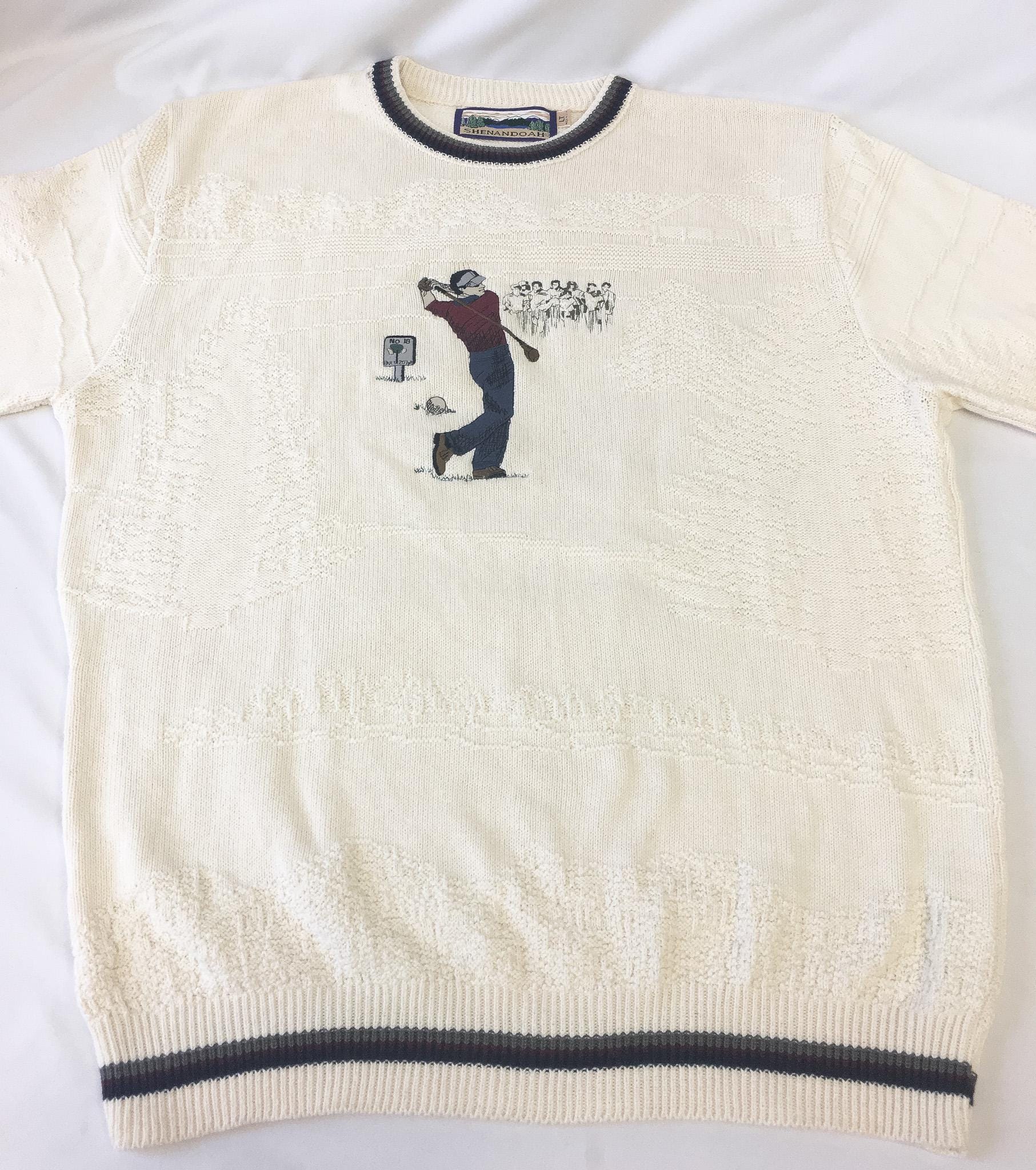 Vintage Shenandoah Cream/Off-White Golf Figure Embroidered Knit Sweater, Men's Sz. Large Tall, Vintage 90s Grandpa Dad Preppy Style Sweater