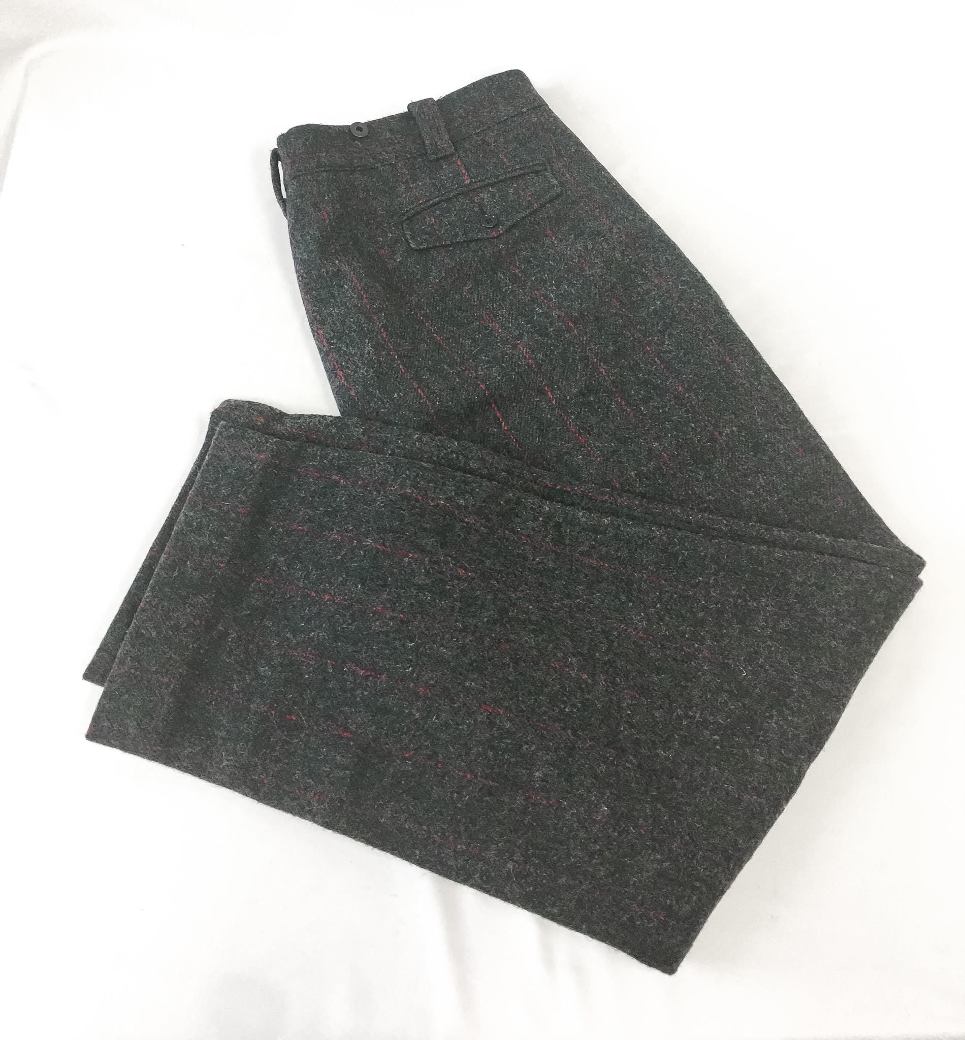 Vintage Woolrich Gray Red Green Plaid Wool Blend Hunting Pants, Men's Sz. 42" x 30"