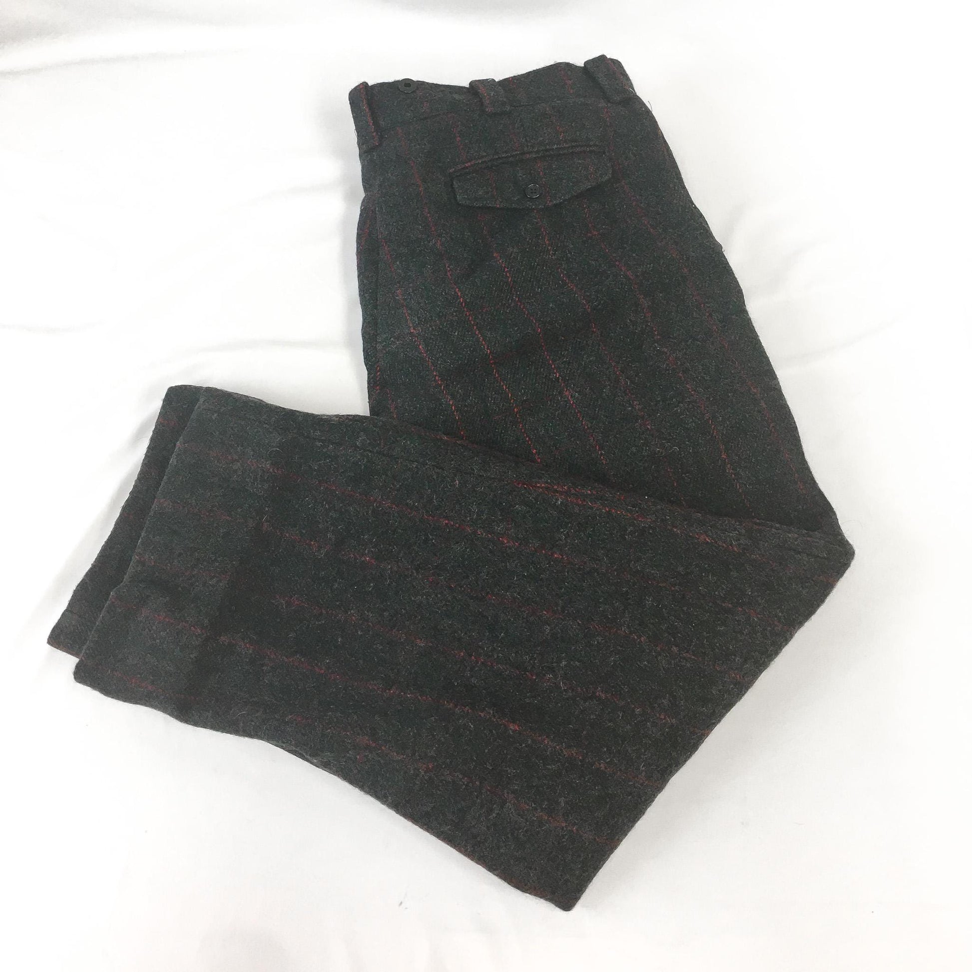 Vintage Woolrich Gray Red Green Plaid Wool Blend Hunting Pants, Men's Sz. 38" x 29"