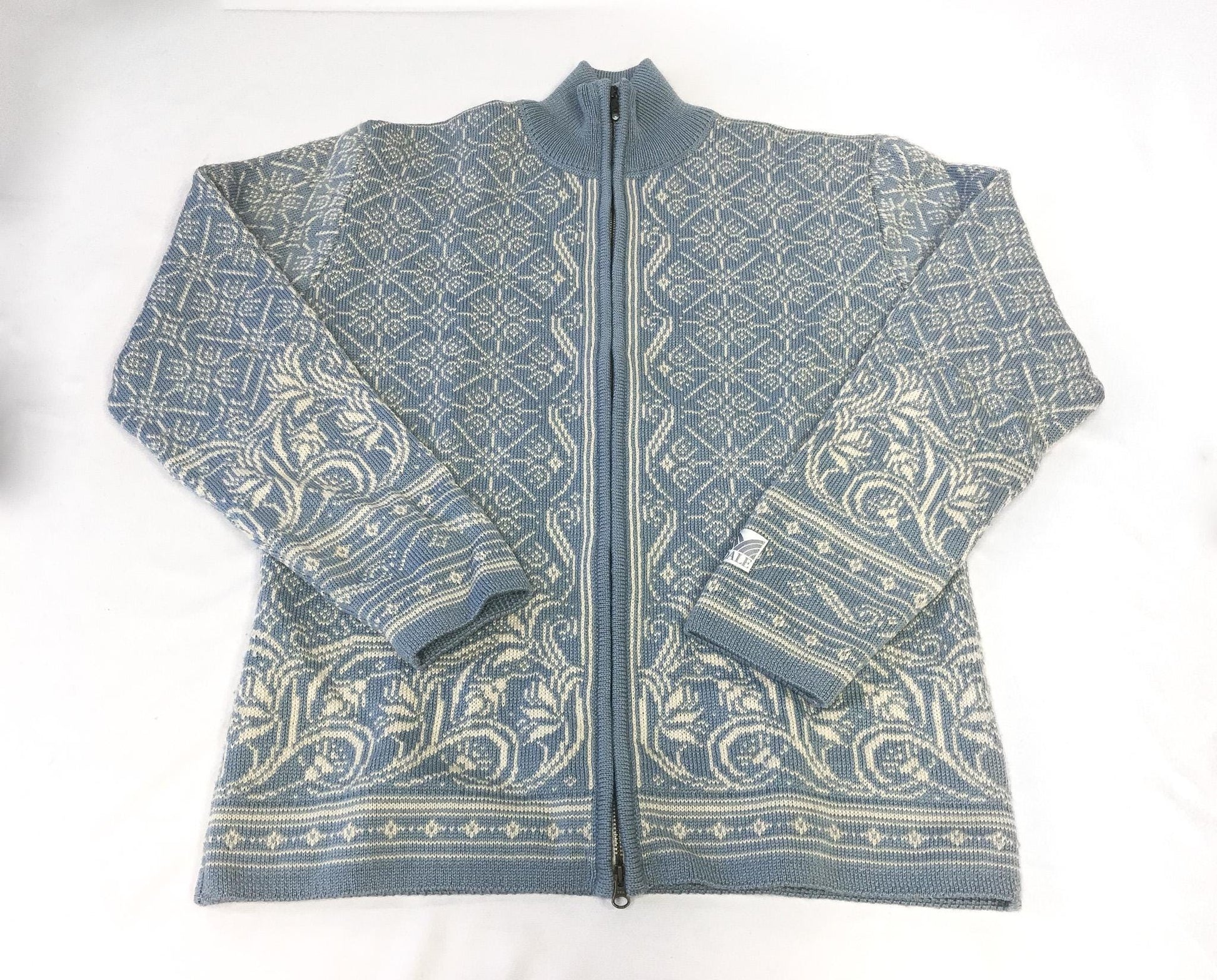 Dale of Norway Light Blue/Cream Fair Isle Floral Patterned Wool Blend Zip Up Nordic Sweater, Women's Sz. L