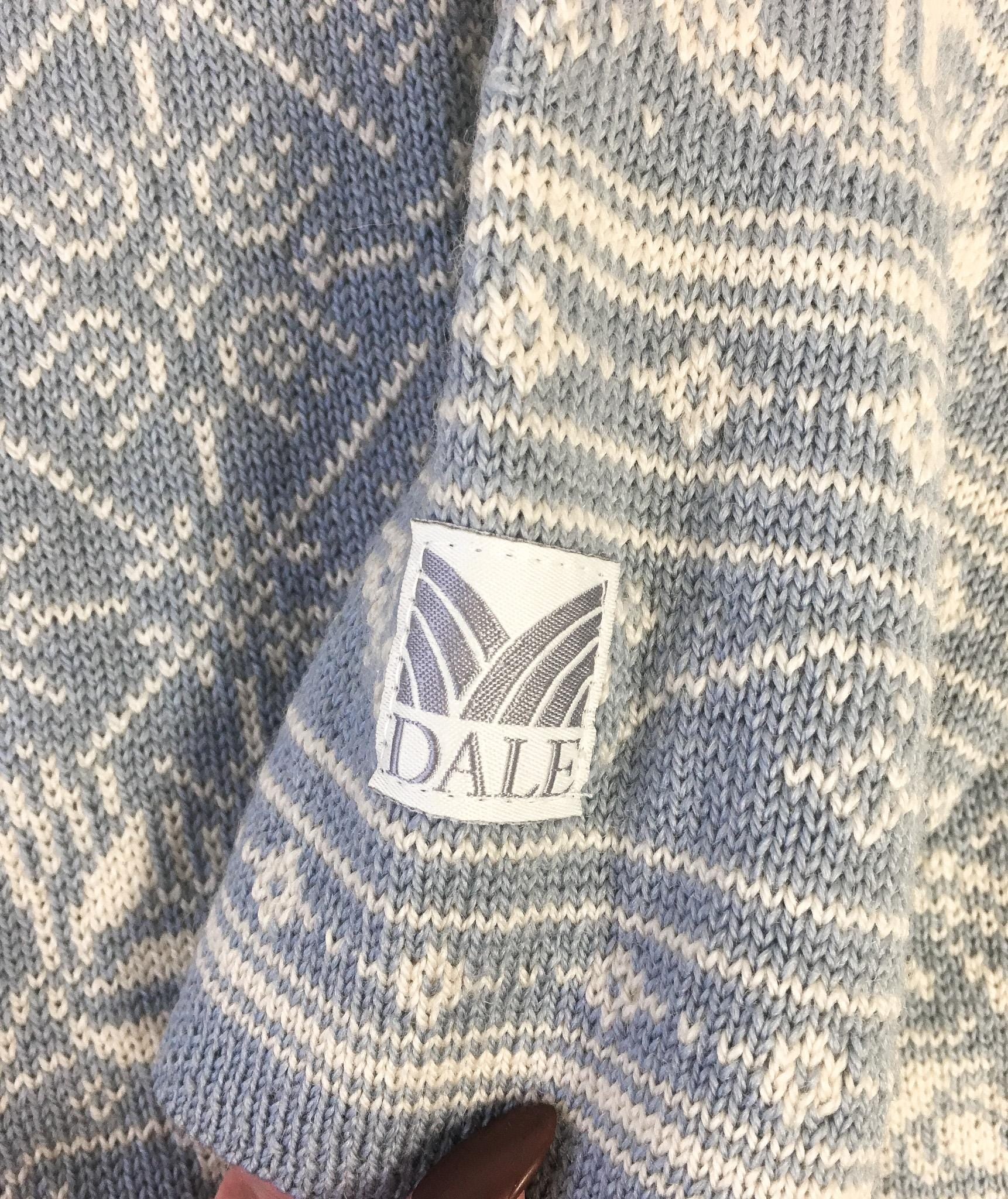 Dale of Norway Light Blue/Cream Fair Isle Floral Patterned Wool Blend Zip Up Nordic Sweater, Women's Sz. L