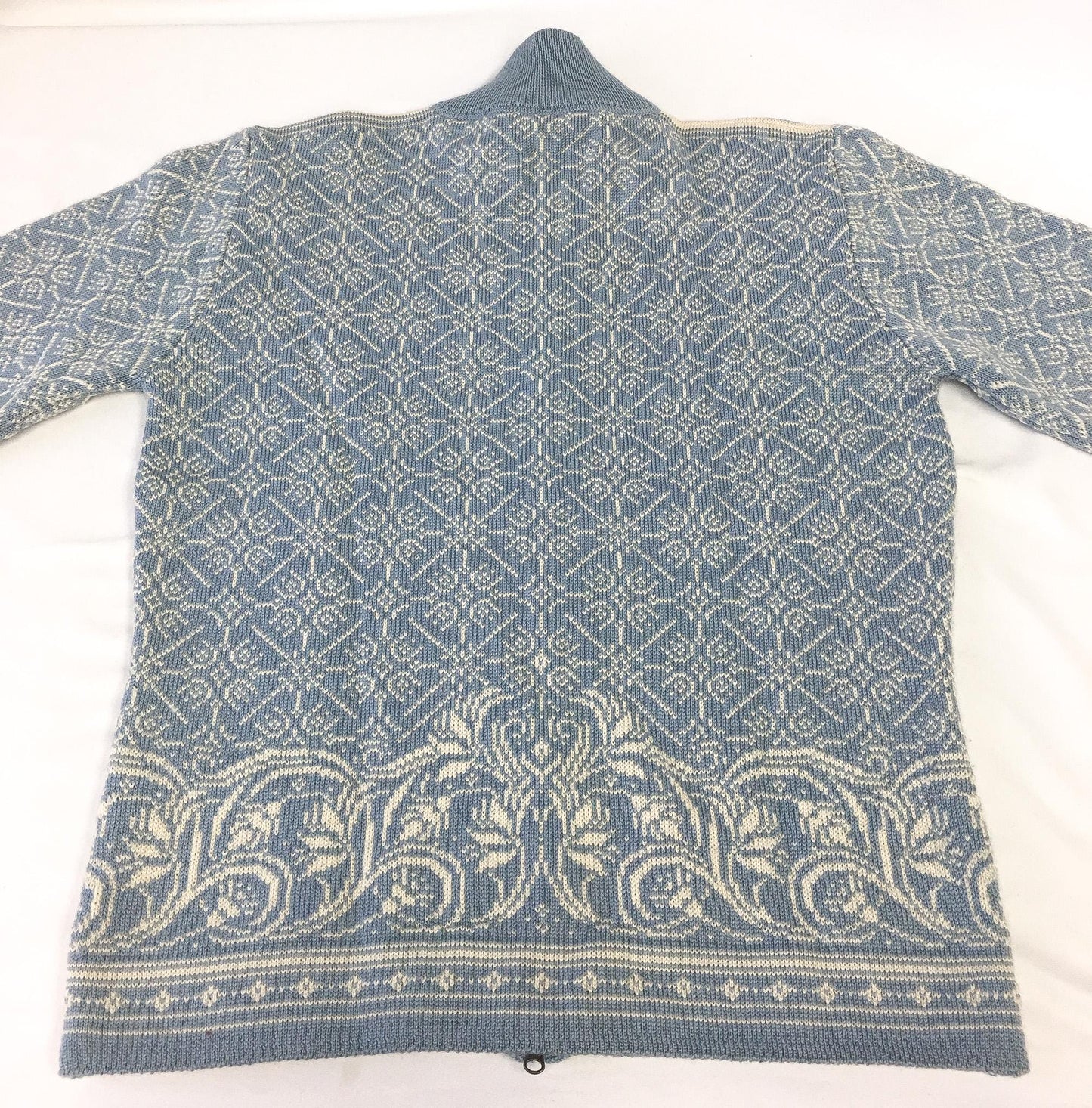 Dale of Norway Light Blue/Cream Fair Isle Floral Patterned Wool Blend Zip Up Nordic Sweater, Women's Sz. L