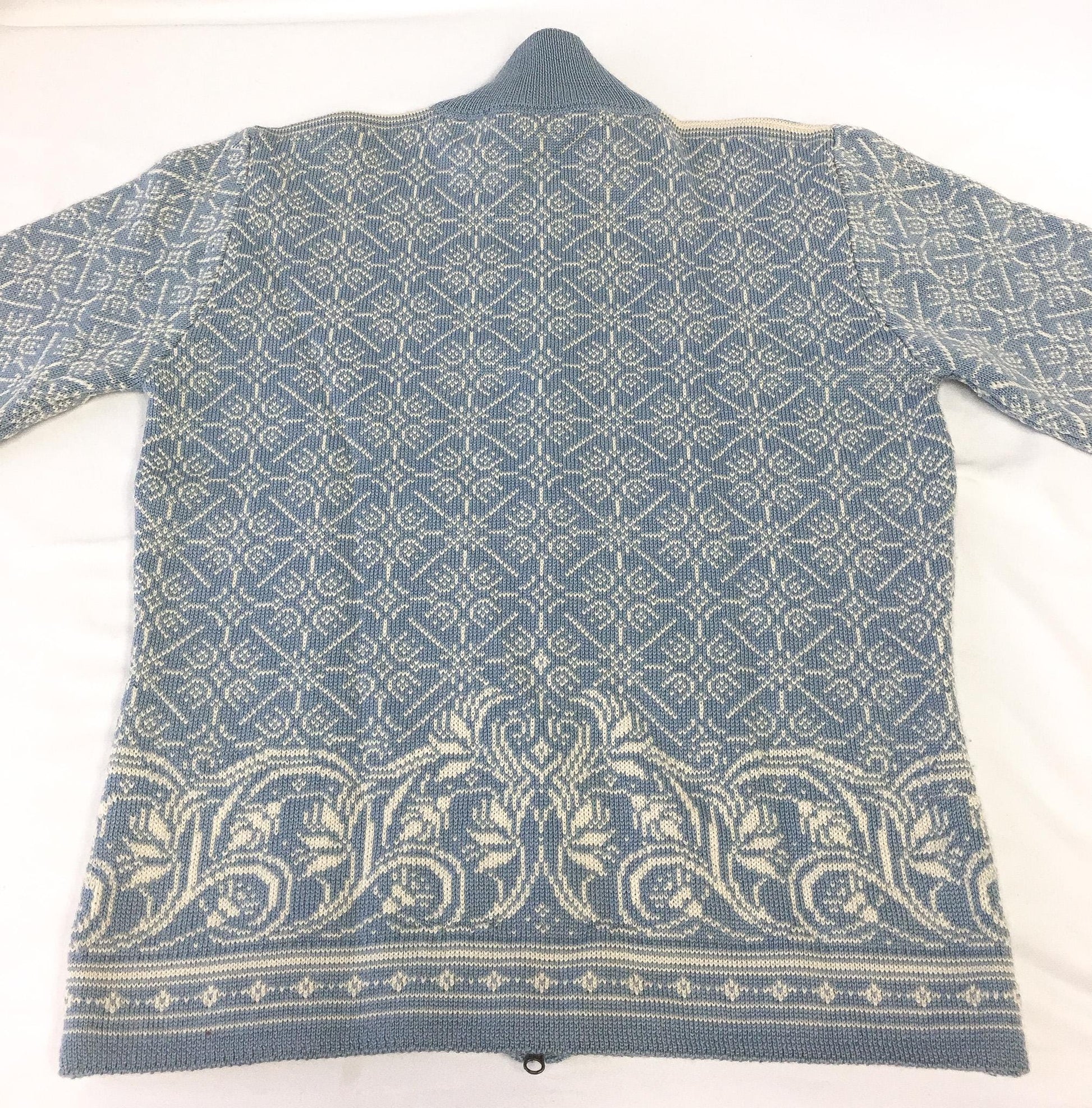 Dale of Norway Light Blue/Cream Fair Isle Floral Patterned Wool Blend Zip Up Nordic Sweater, Women's Sz. L