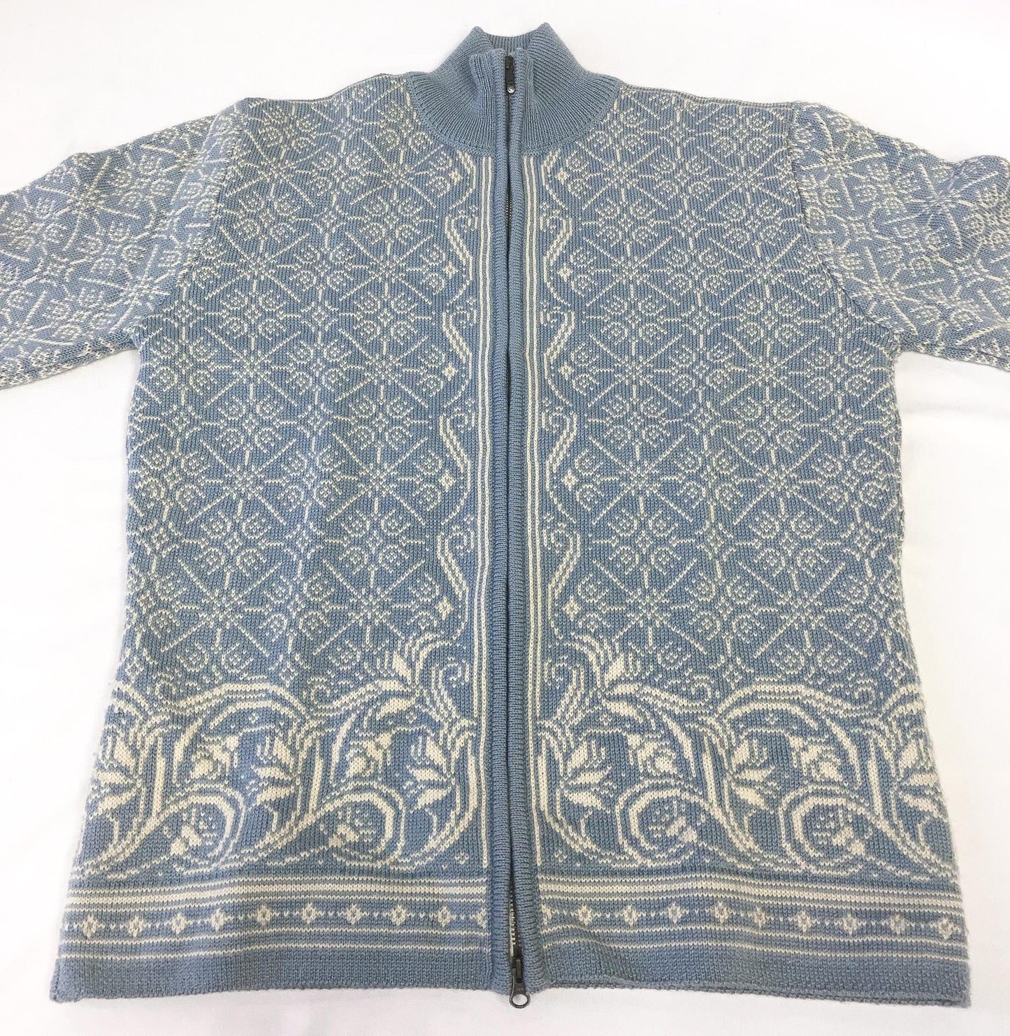 Dale of Norway Light Blue/Cream Fair Isle Floral Patterned Wool Blend Zip Up Nordic Sweater, Women's Sz. L