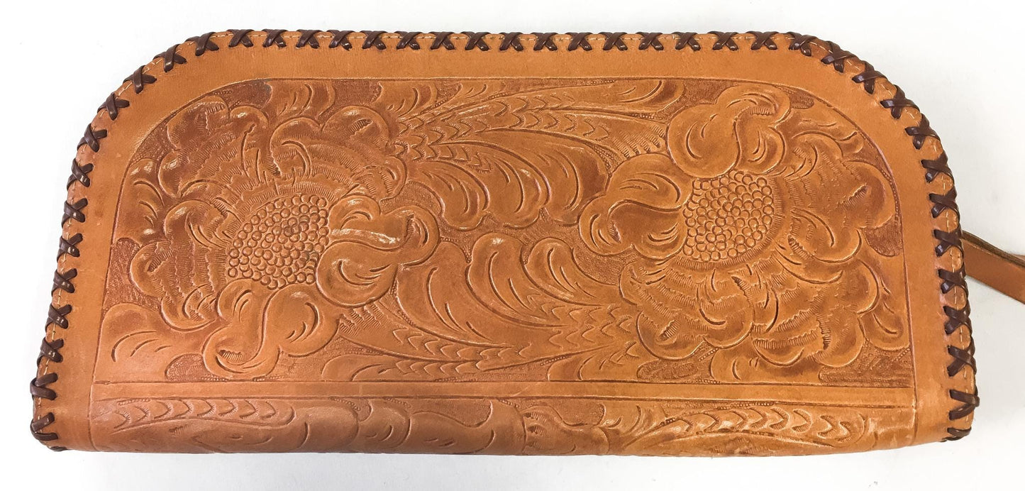 70s Handmade Large Floral Tooled Leather Wristlet Clutch Wallet, Unique Boho Western Handbag