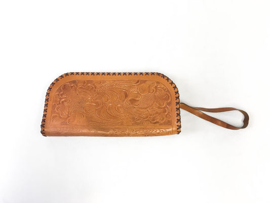 70s Handmade Large Floral Tooled Leather Wristlet Clutch Wallet, Unique Boho Western Handbag