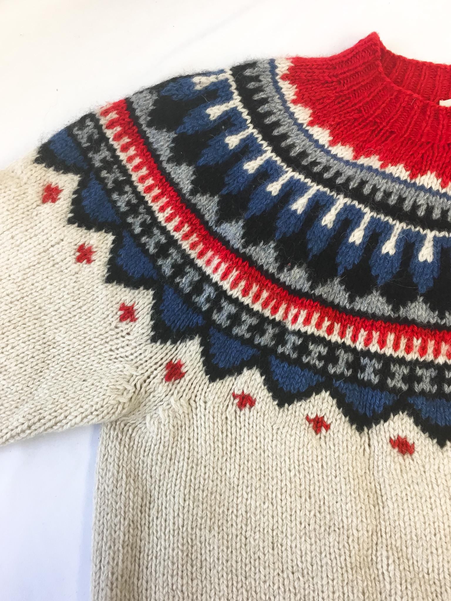 Vintage 80s Eddie Bauer Cream/Red/Blue Abstract Geometric Fair Isle Print Knit Wool Sweater, Women's Sz. M, Vintage Festive Wool Sweater