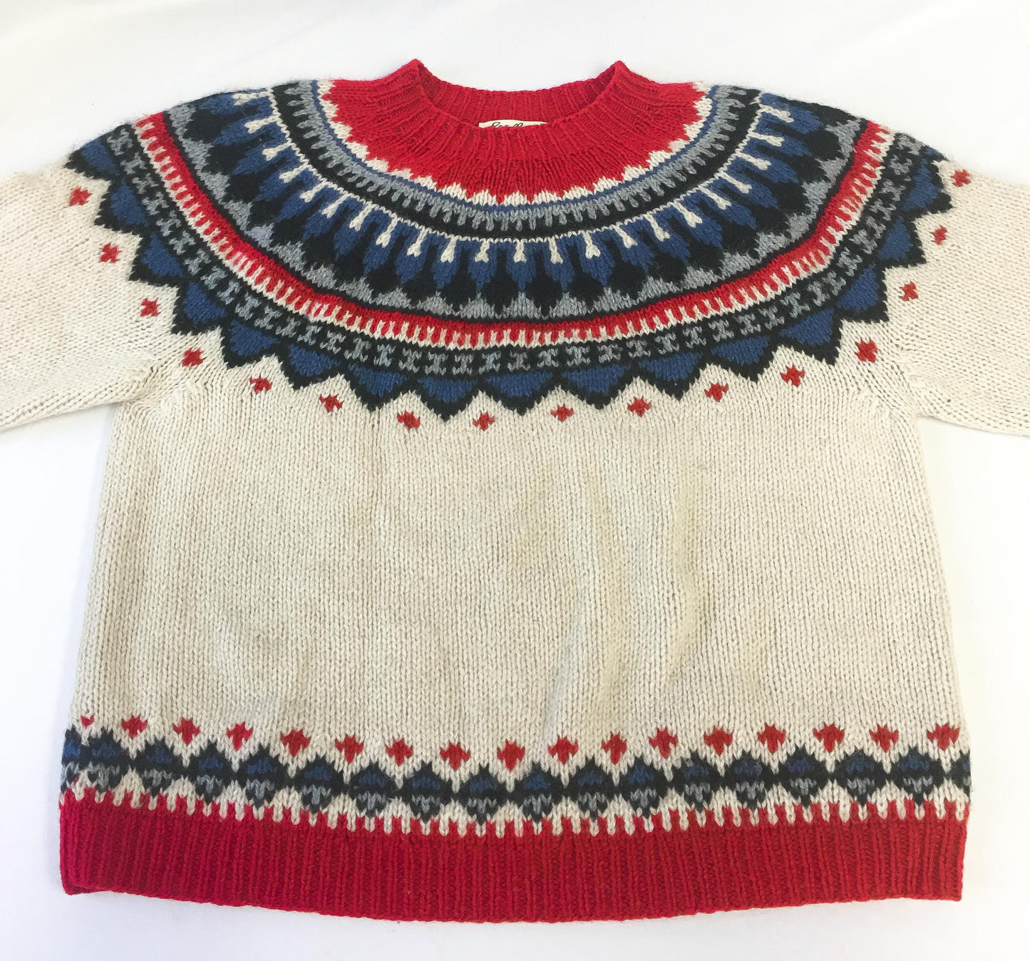 Vintage 80s Eddie Bauer Cream/Red/Blue Abstract Geometric Fair Isle Print Knit Wool Sweater, Women's Sz. M, Vintage Festive Wool Sweater