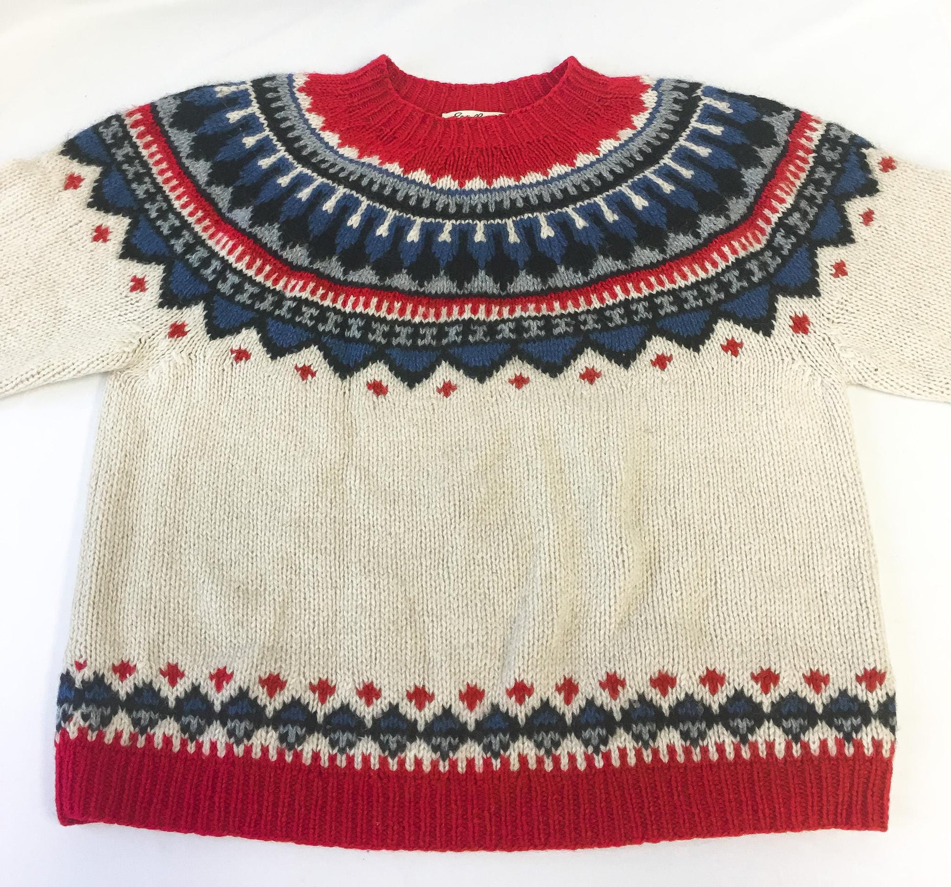 Vintage 80s Eddie Bauer Cream/Red/Blue Abstract Geometric Fair Isle Print Knit Wool Sweater, Women's Sz. M, Vintage Festive Wool Sweater