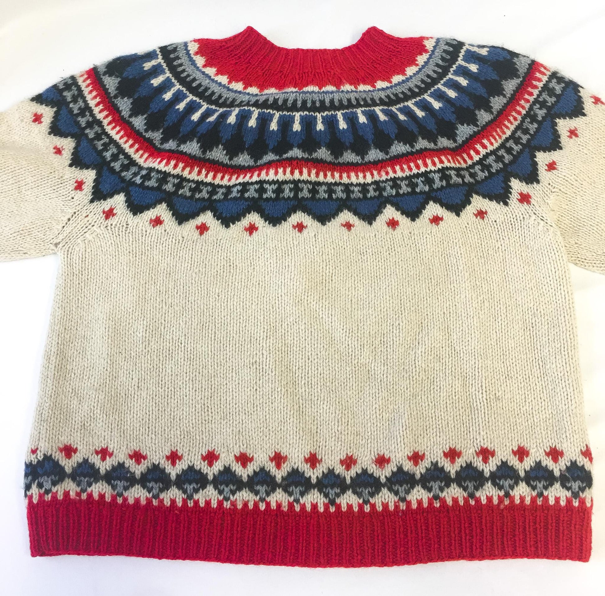 Vintage 80s Eddie Bauer Cream/Red/Blue Abstract Geometric Fair Isle Print Knit Wool Sweater, Women's Sz. M, Vintage Festive Wool Sweater