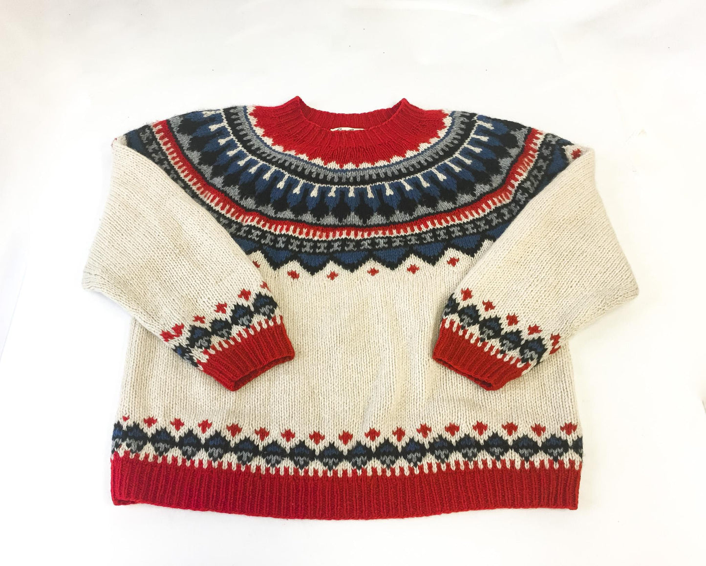 Vintage 80s Eddie Bauer Cream/Red/Blue Abstract Geometric Fair Isle Print Knit Wool Sweater, Women's Sz. M, Vintage Festive Wool Sweater