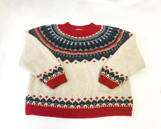 Vintage 80s Eddie Bauer Cream/Red/Blue Abstract Geometric Fair Isle Print Knit Wool Sweater, Women's Sz. M, Vintage Festive Wool Sweater