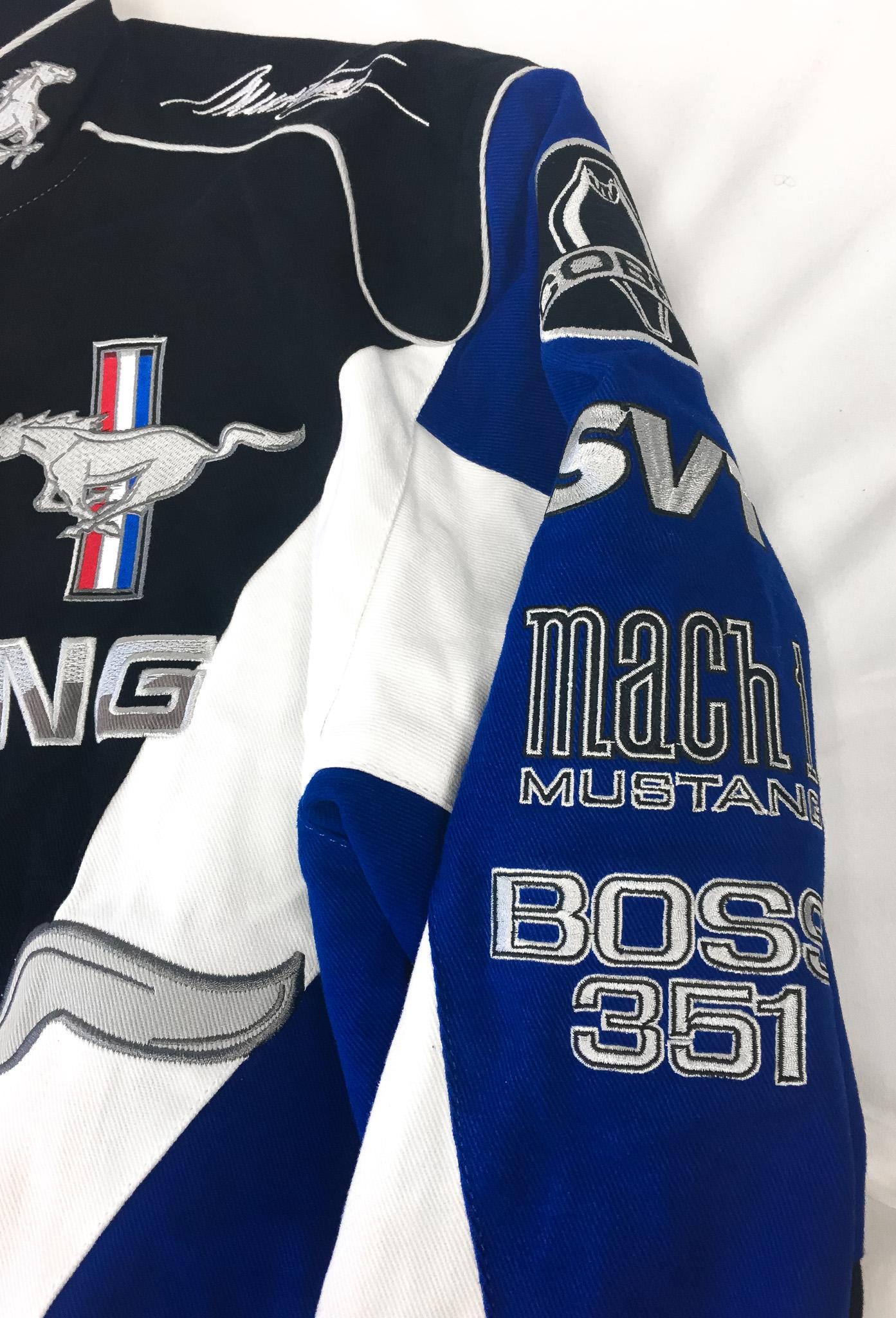 Ford Mustang NASCAR Black/Blue Embroidered Horse Logo Racing Jacket, Men's Sz. M, Vintage Unisex NASCAR F1 Streetwear Jacket