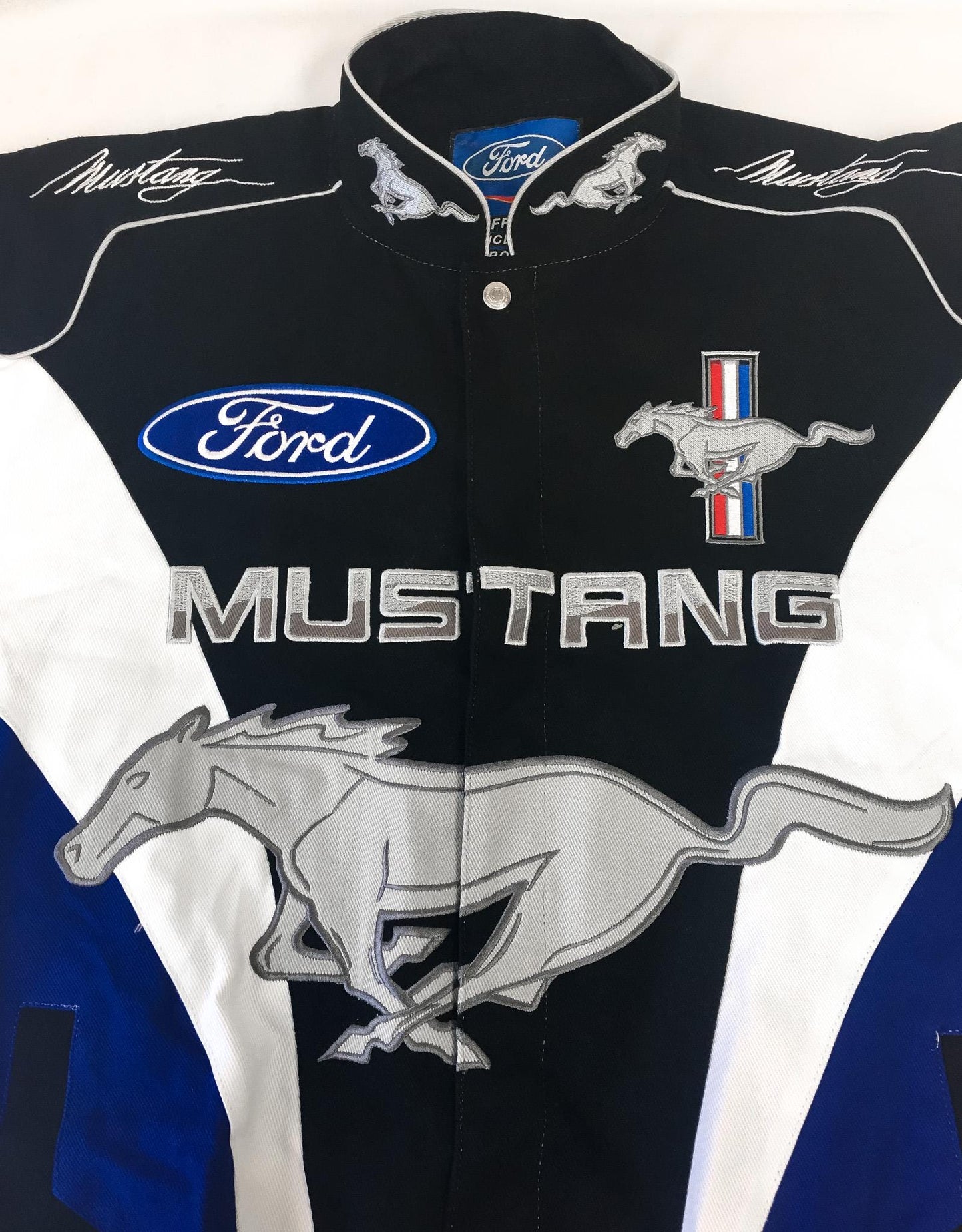 Ford Mustang NASCAR Black/Blue Embroidered Horse Logo Racing Jacket, Men's Sz. M, Vintage Unisex NASCAR F1 Streetwear Jacket