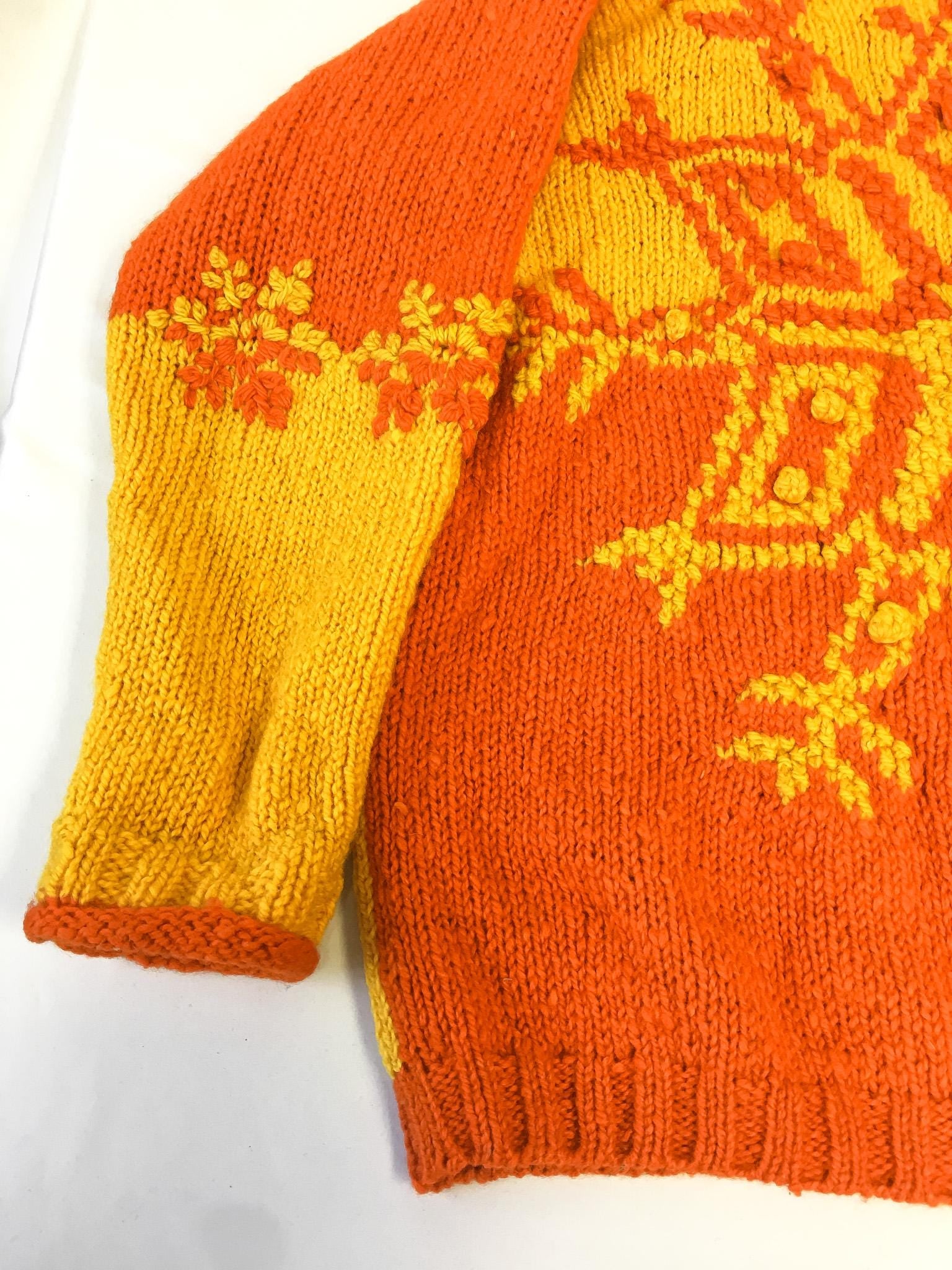 Vintage 90s Express Tricot Yellow Orange Snowflake Chunky Knit Wool Mockneck Sweater, Women's Sz. M, Vintage Retro Unique Festive Sweater