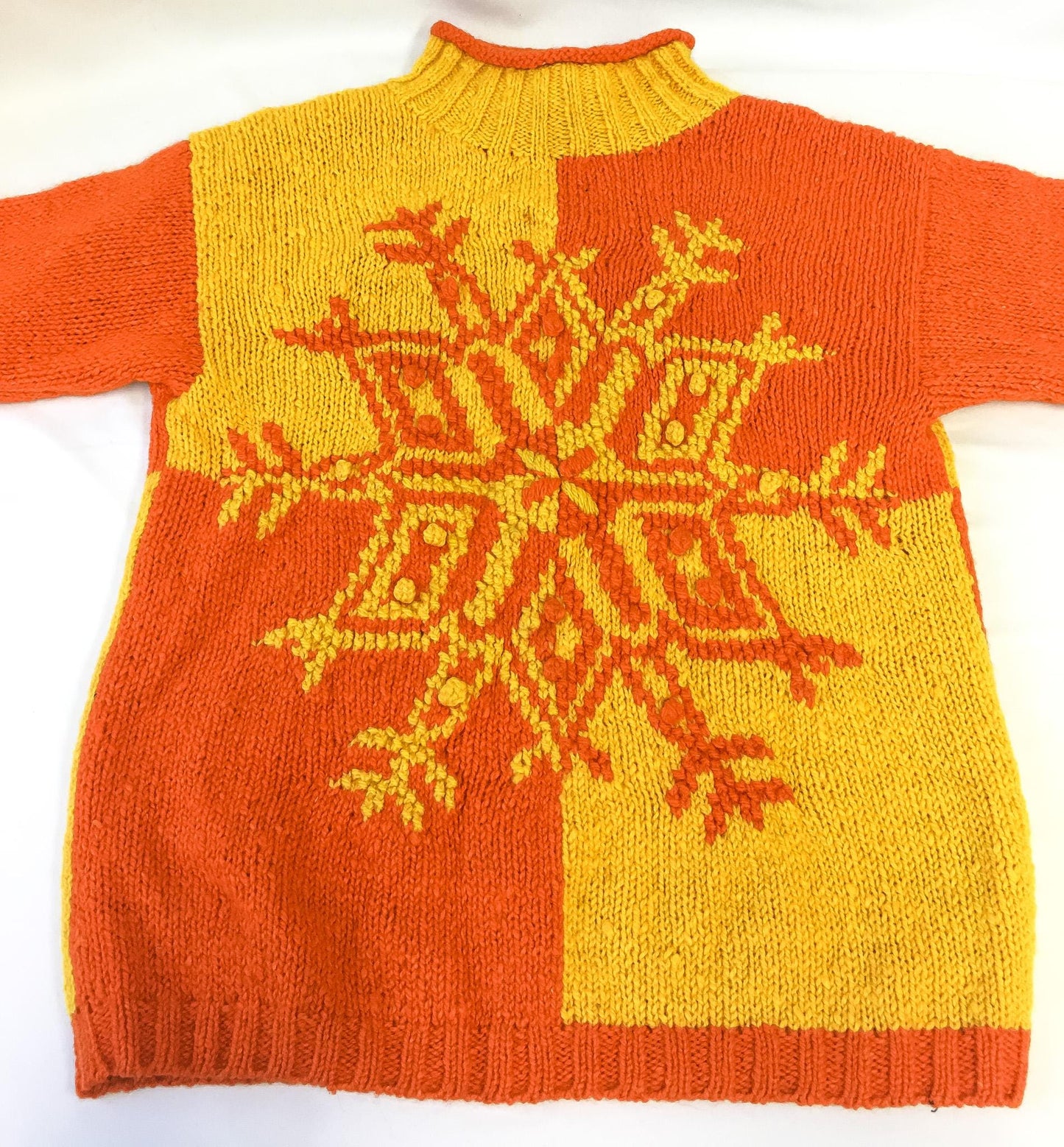 Vintage 90s Express Tricot Yellow Orange Snowflake Chunky Knit Wool Mockneck Sweater, Women's Sz. M, Vintage Retro Unique Festive Sweater