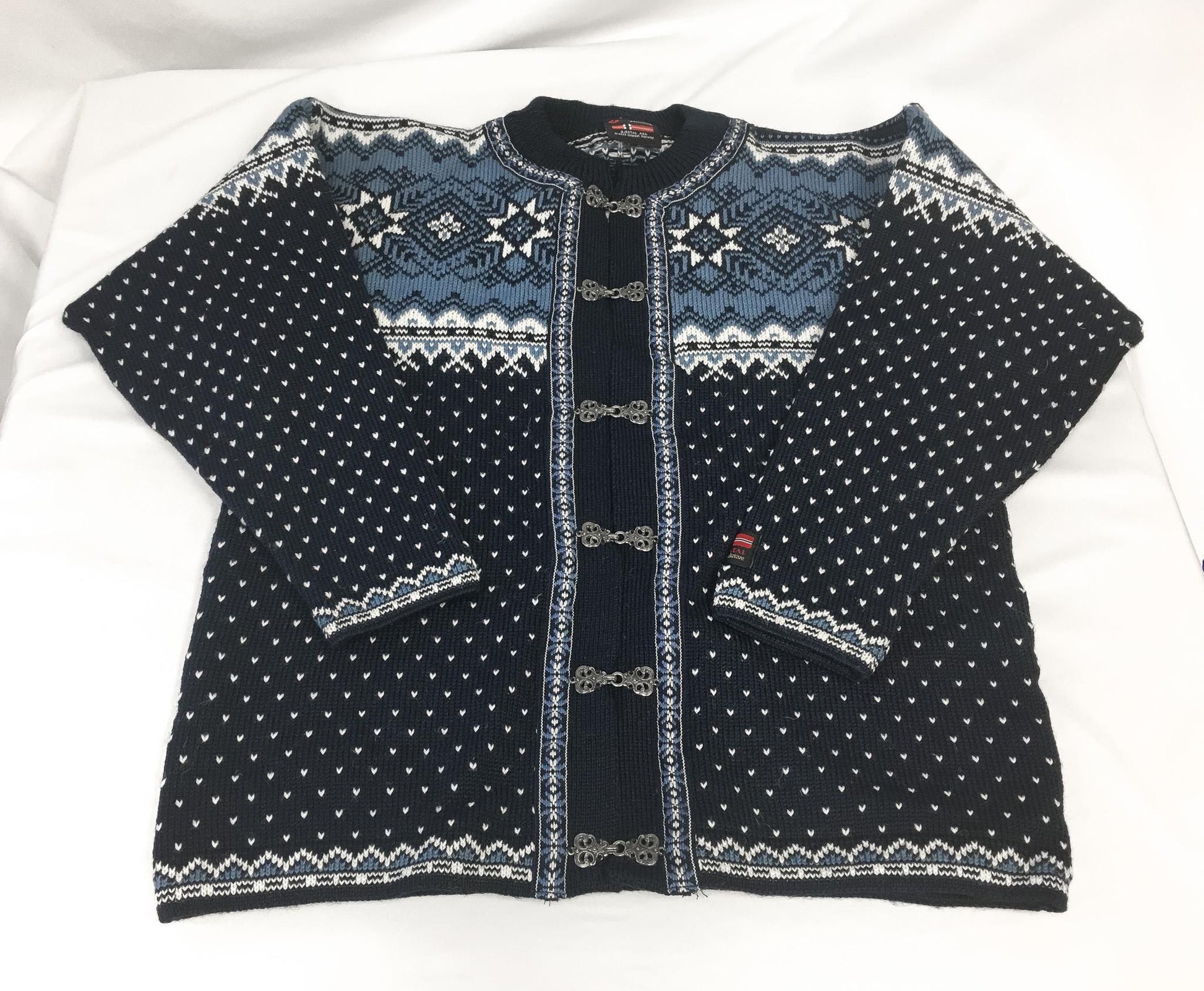Gjestal Blue Navy Geometric Snowflake Fair Isle Pure Wool Metal Clasp Nordic Cardigan Sweater, Women's Sz. L