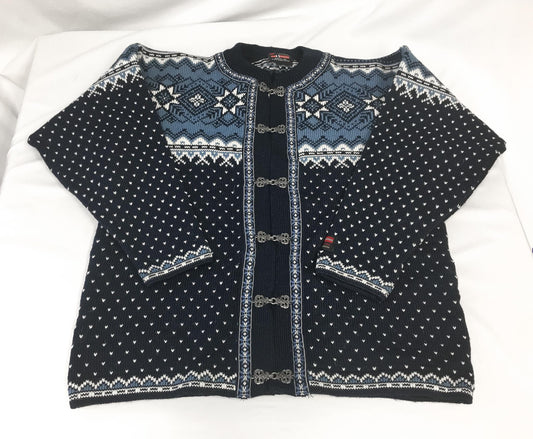 Gjestal Blue Navy Geometric Snowflake Fair Isle Pure Wool Metal Clasp Nordic Cardigan Sweater, Women's Sz. L
