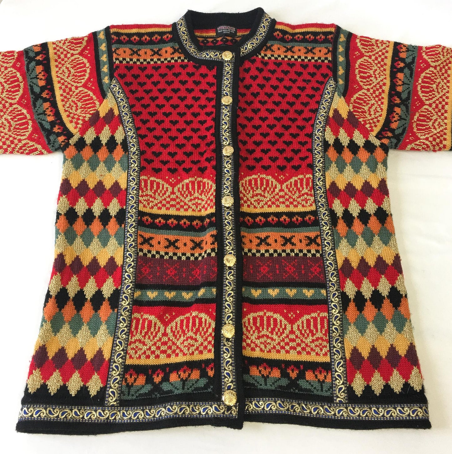 Vintage Vrikke Warm Toned Metallic Gold Abstract Patterned Wool Nordic Cardigan Sweater, Women's Sz. S, Unique Statement Norwegian Sweater