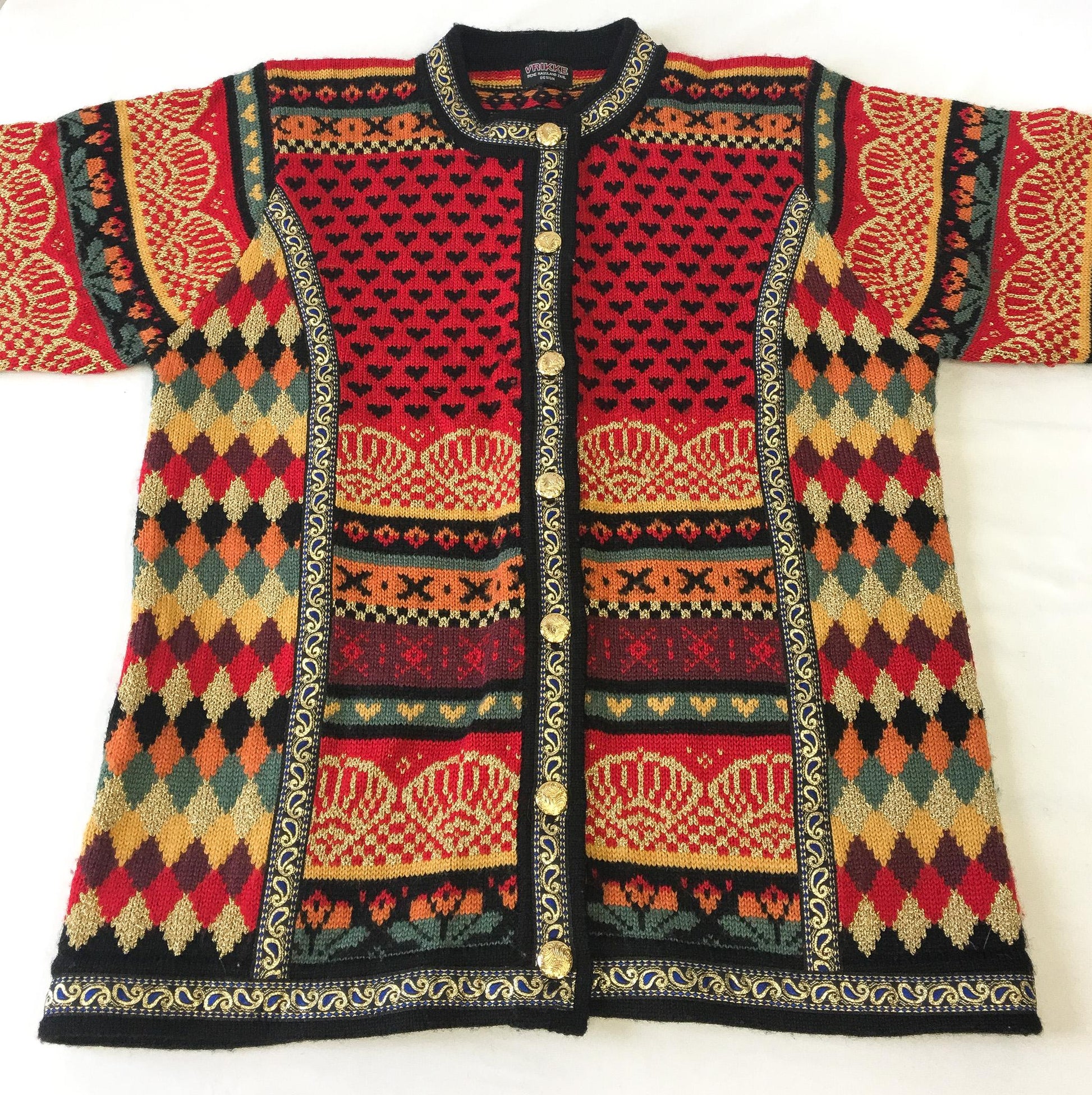 Vintage Vrikke Warm Toned Metallic Gold Abstract Patterned Wool Nordic Cardigan Sweater, Women's Sz. S, Unique Statement Norwegian Sweater