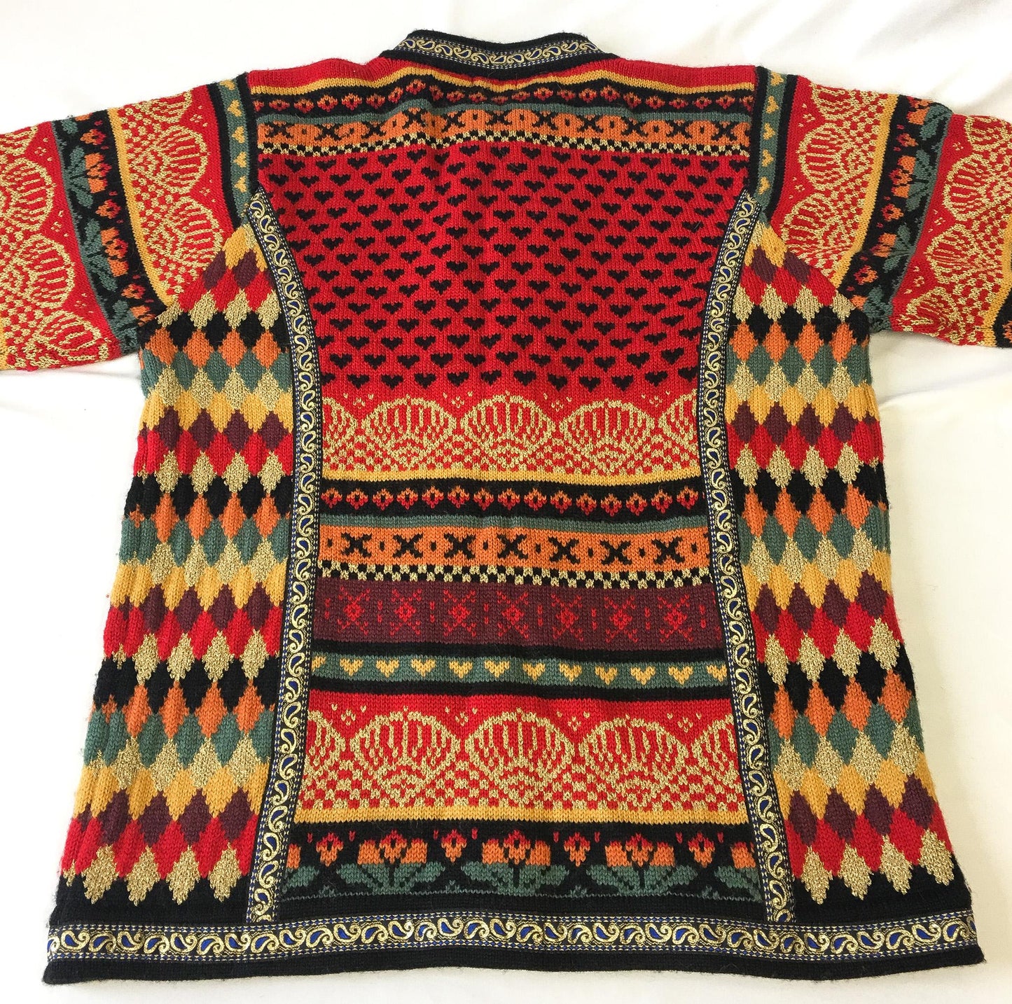 Vintage Vrikke Warm Toned Metallic Gold Abstract Patterned Wool Nordic Cardigan Sweater, Women's Sz. S, Unique Statement Norwegian Sweater