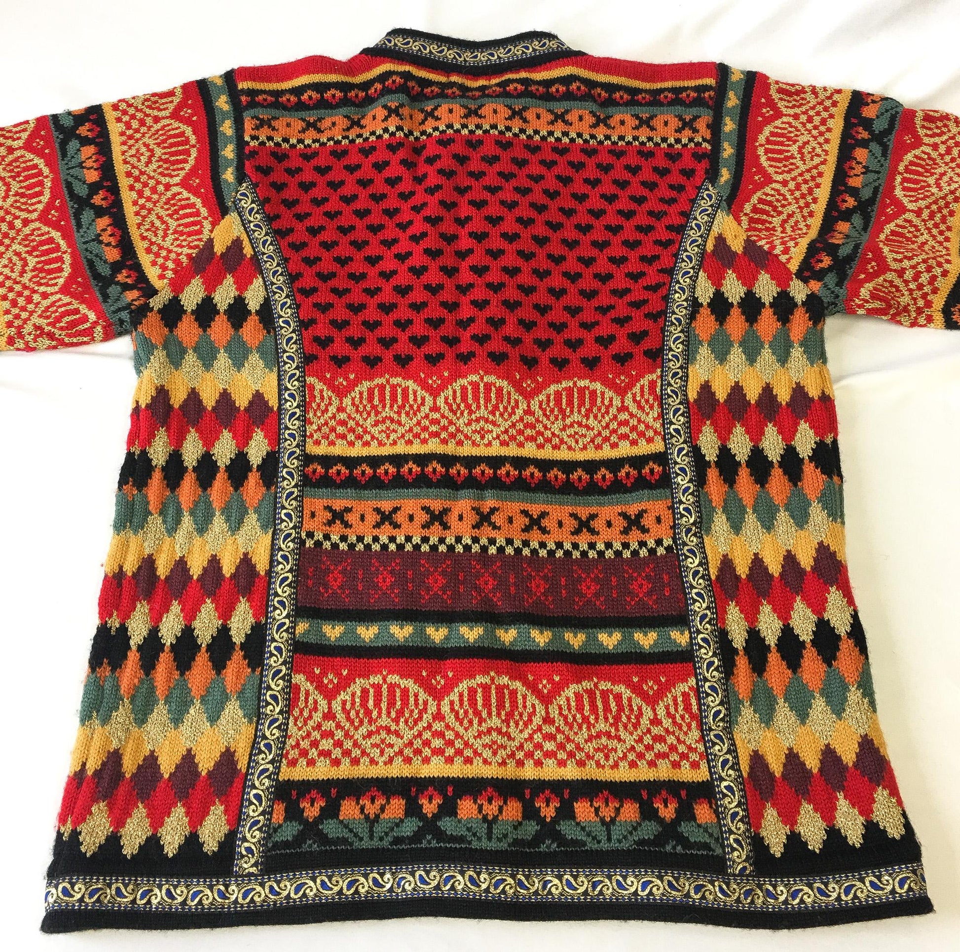 Vintage Vrikke Warm Toned Metallic Gold Abstract Patterned Wool Nordic Cardigan Sweater, Women's Sz. S, Unique Statement Norwegian Sweater