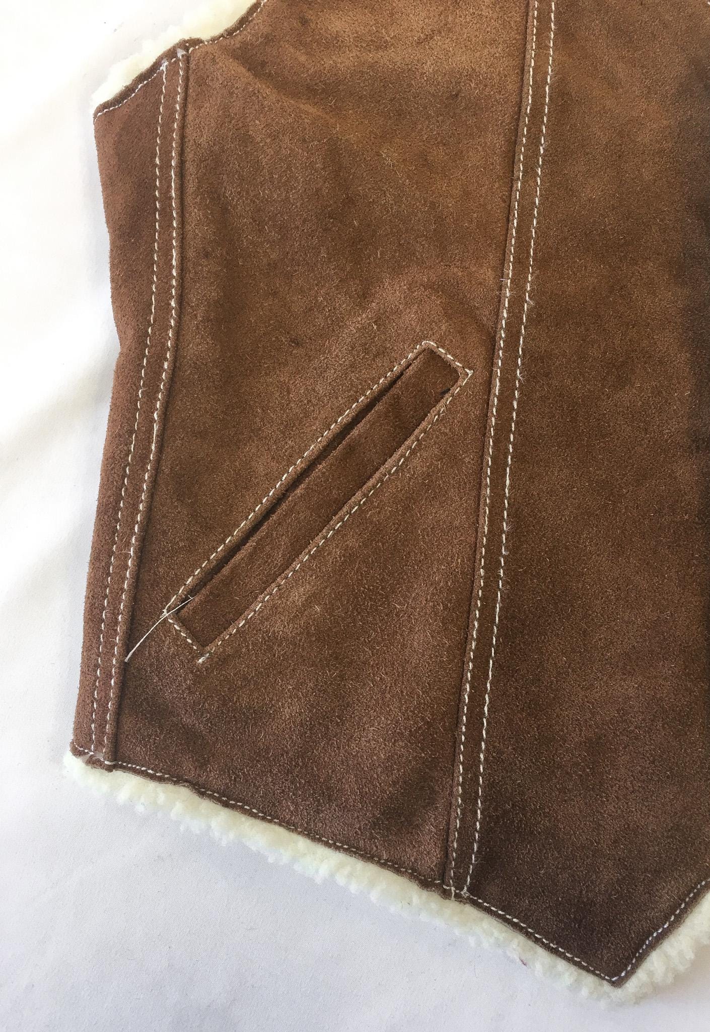 Vintage LLB Brown Suede Cowhide Sherpa Lined Vest, Approx. Women's Sz. XS, Vintage Western Country Style Vest