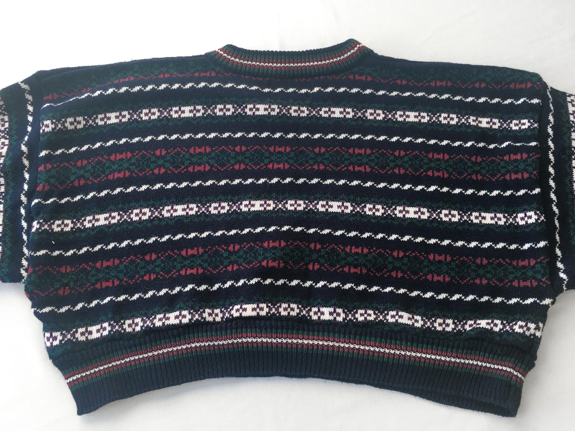 Vintage 90s Cape Isle Knitters Navy Abstract Striped Cropped Knit Sweater, Women's Sz. XS/S