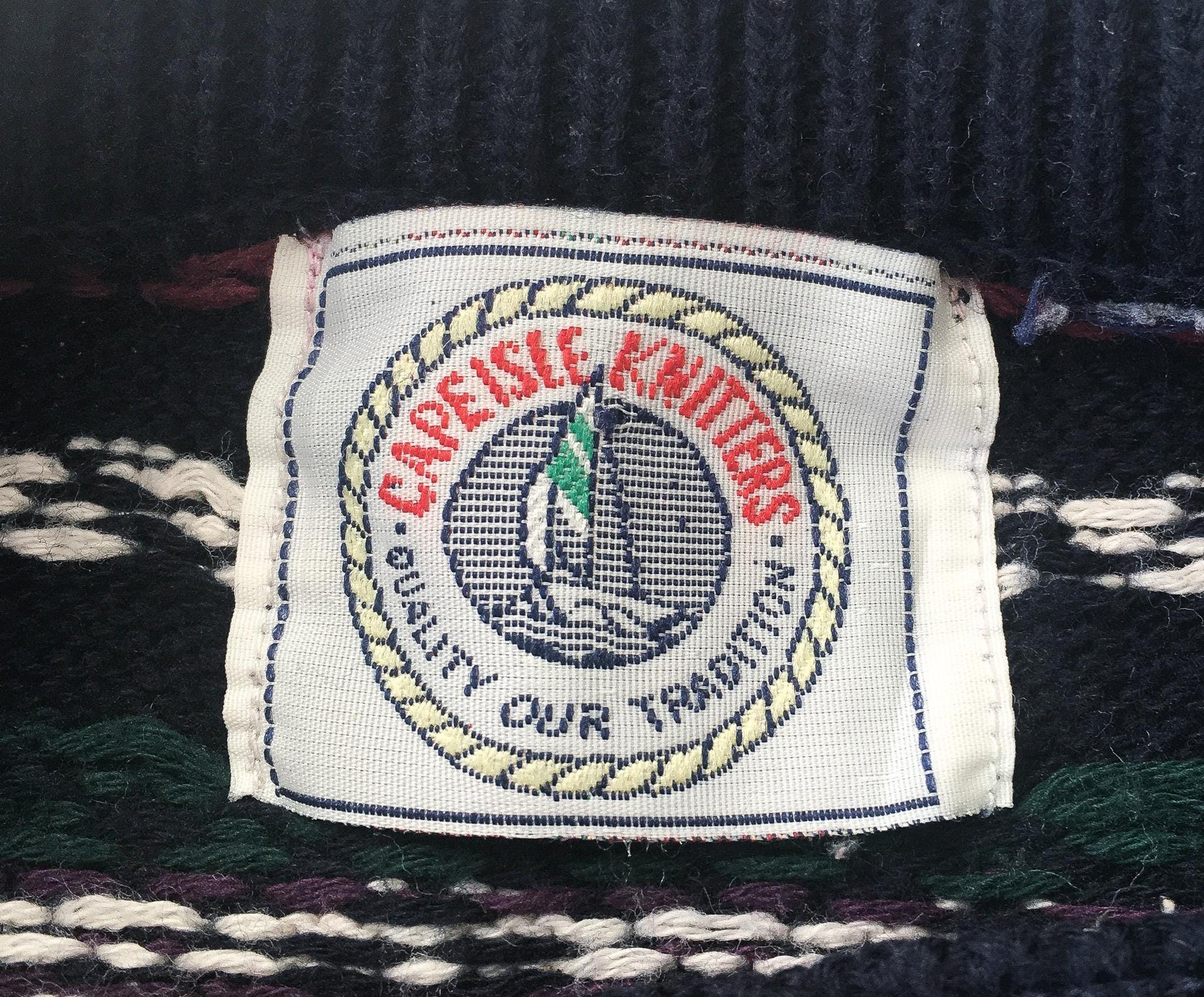 Vintage 90s Cape Isle Knitters Navy Abstract Striped Cropped Knit Sweater, Women's Sz. XS/S