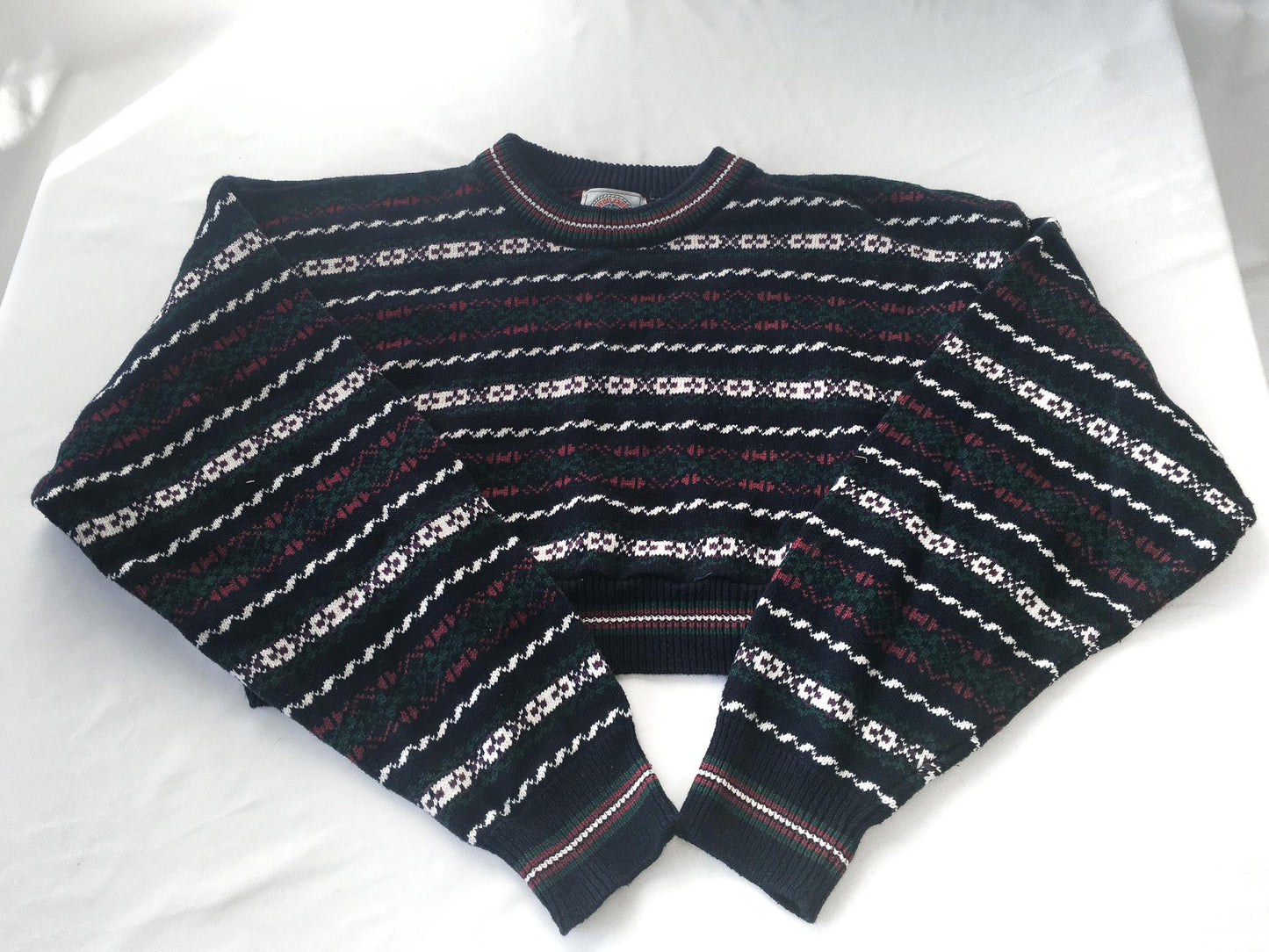 Vintage 90s Cape Isle Knitters Navy Abstract Striped Cropped Knit Sweater, Women's Sz. XS/S