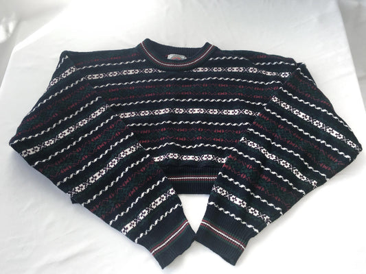 Vintage 90s Cape Isle Knitters Navy Abstract Striped Cropped Knit Sweater, Women's Sz. XS/S