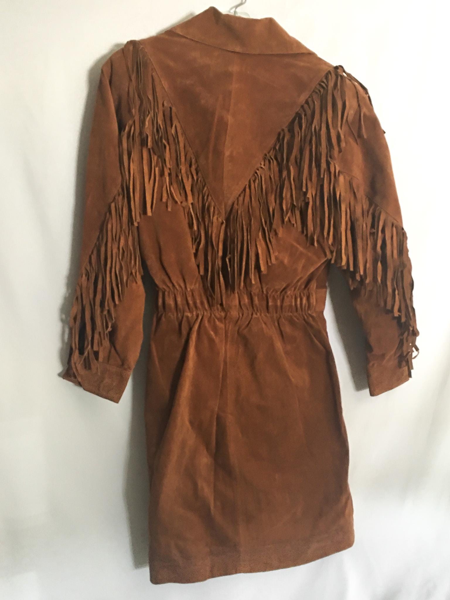 Vintage 70s Global Identity G-III Brown Leather Fringe Long Jacket, Women's Sz. M, Vintage Western Boho Statement Jacket
