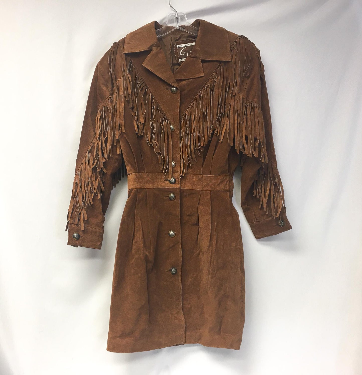 Vintage 70s Global Identity G-III Brown Leather Fringe Long Jacket, Women's Sz. M, Vintage Western Boho Statement Jacket