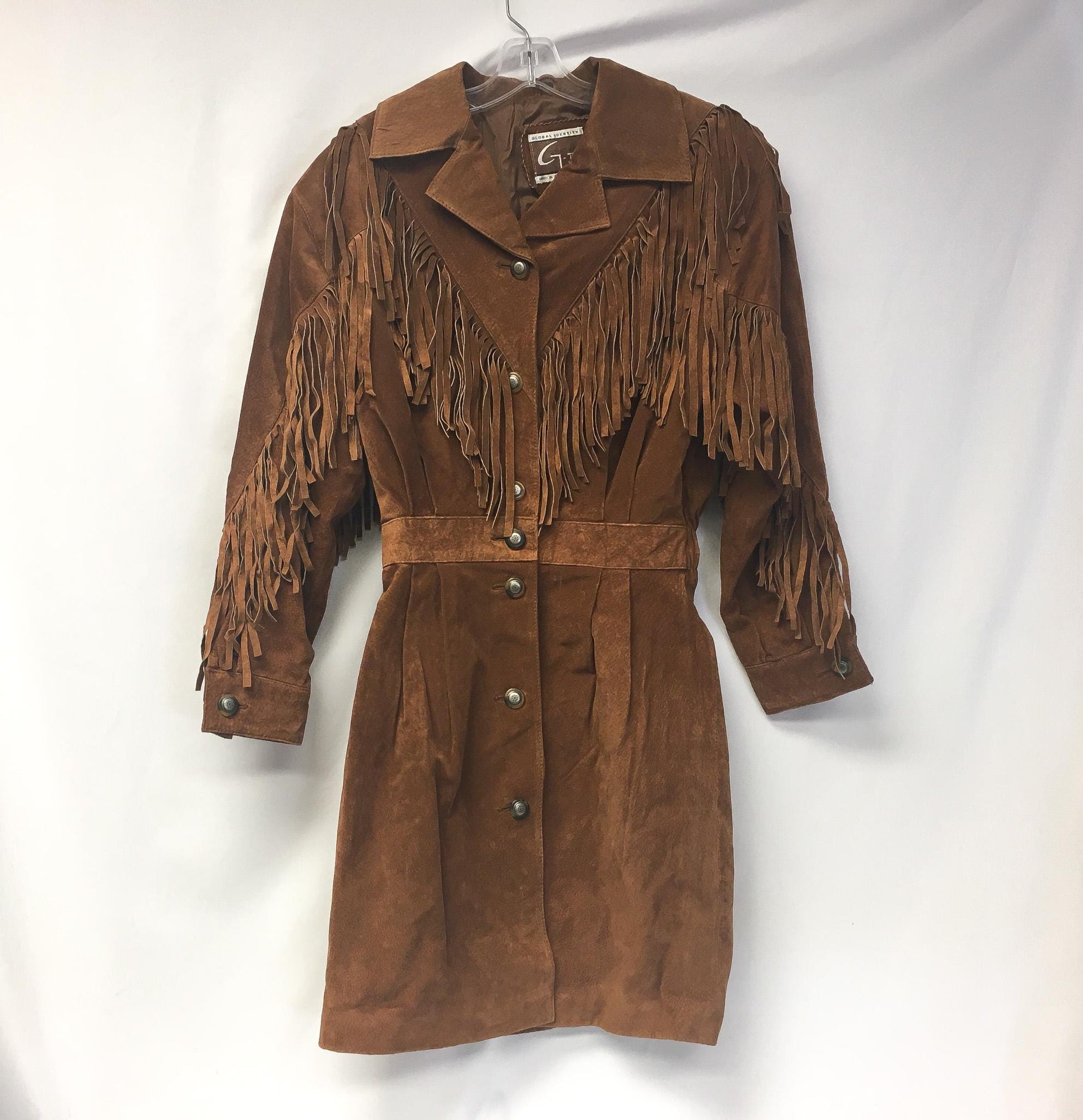 Vintage 70s Global Identity G-III Brown Leather Fringe Long Jacket, Women's Sz. M, Vintage Western Boho Statement Jacket