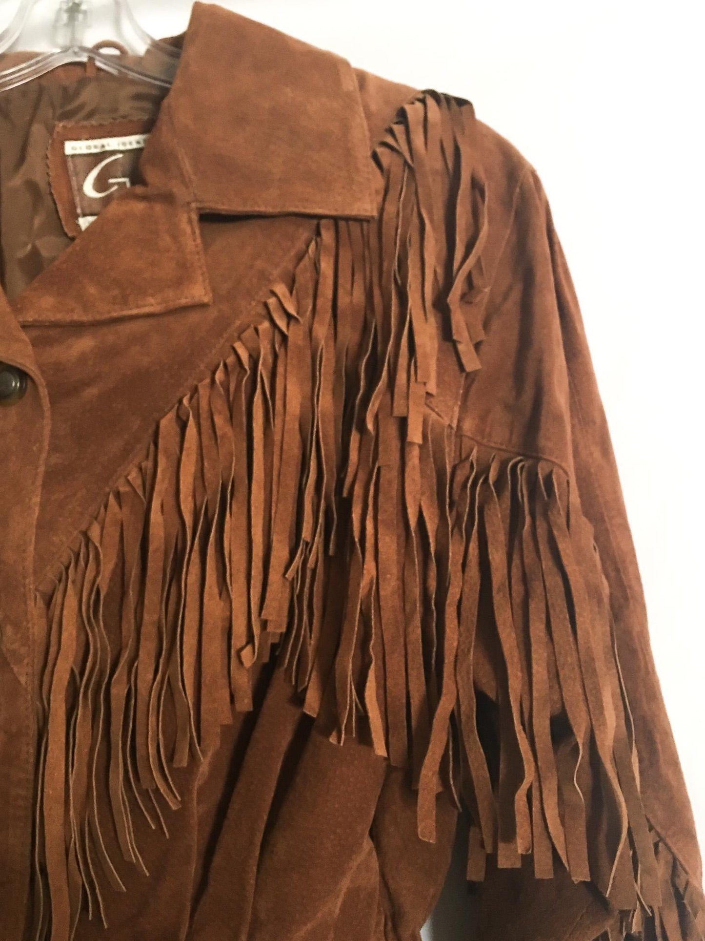 Vintage 70s Global Identity G-III Brown Leather Fringe Long Jacket, Women's Sz. M, Vintage Western Boho Statement Jacket