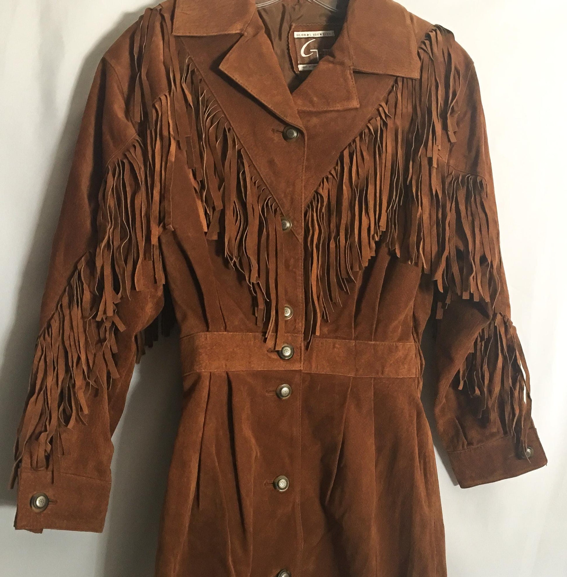 Vintage 70s Global Identity G-III Brown Leather Fringe Long Jacket, Women's Sz. M, Vintage Western Boho Statement Jacket