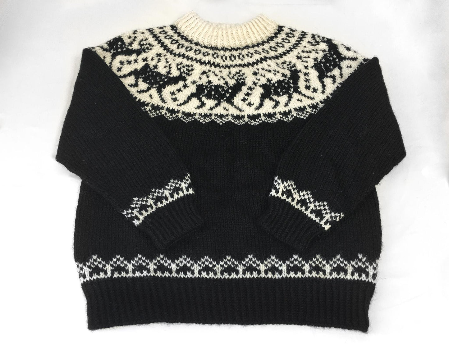 Vintage Dale of Norway Black Cream Reindeer Patterned Pure Wool Unisex Nordic Crewneck Sweater, Men's Sz. S