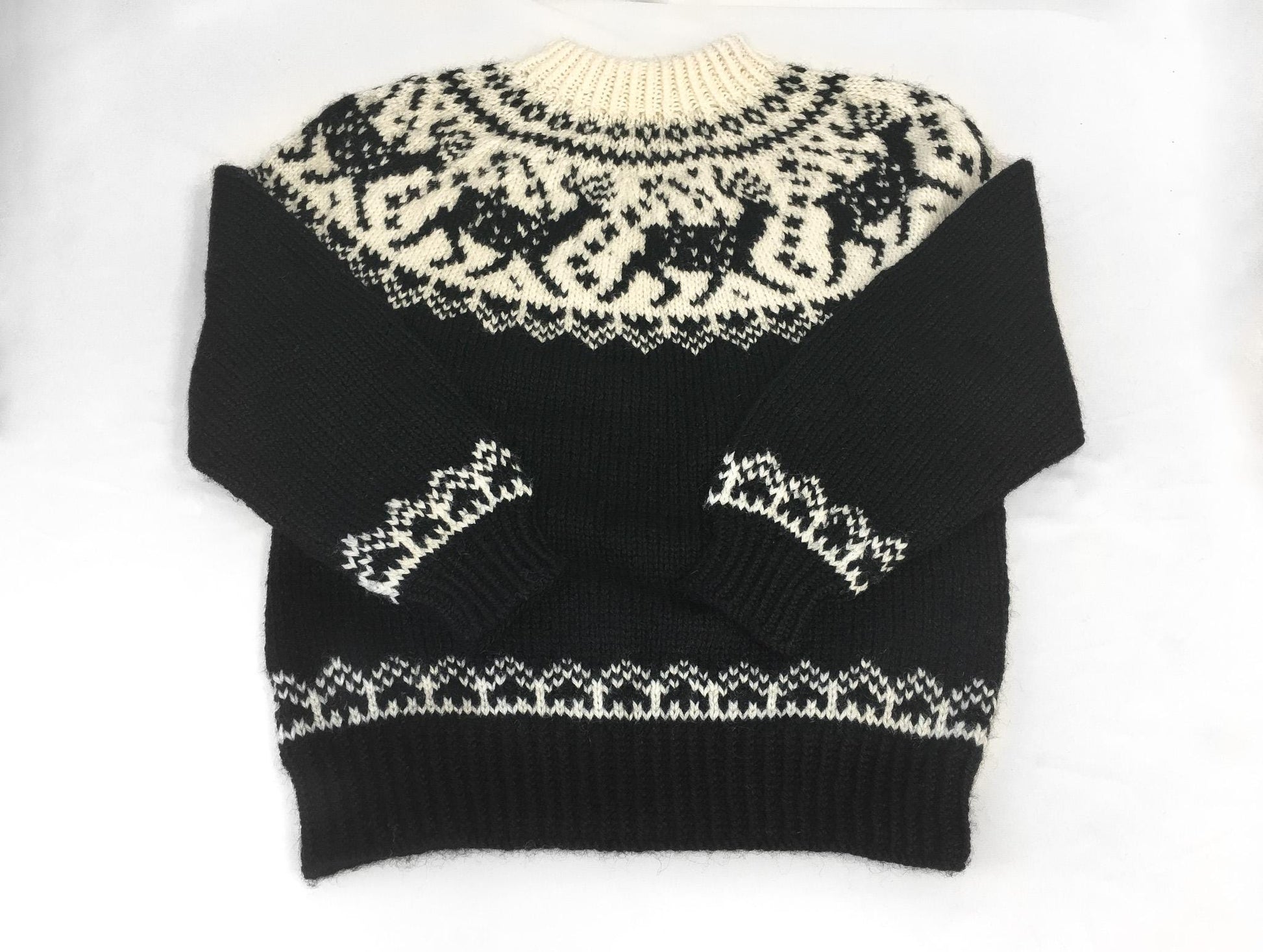 Vintage Dale of Norway Black Cream Reindeer Patterned Pure Wool Unisex Nordic Crewneck Sweater, Men's Sz. XS