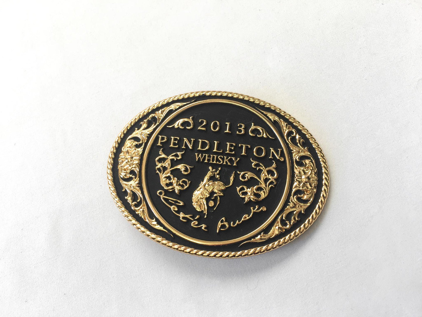 Montana Silversmith 2013 Pendleton Whisky Black and Gold Oval Bel Buckle, 3.75" x 2.75", Vintage Western Belt Buckle