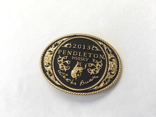 Montana Silversmith 2013 Pendleton Whisky Black and Gold Oval Bel Buckle, 3.75" x 2.75", Vintage Western Belt Buckle