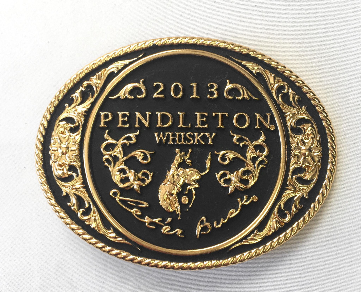 Montana Silversmith 2013 Pendleton Whisky Black and Gold Oval Bel Buckle, 3.75" x 2.75", Vintage Western Belt Buckle