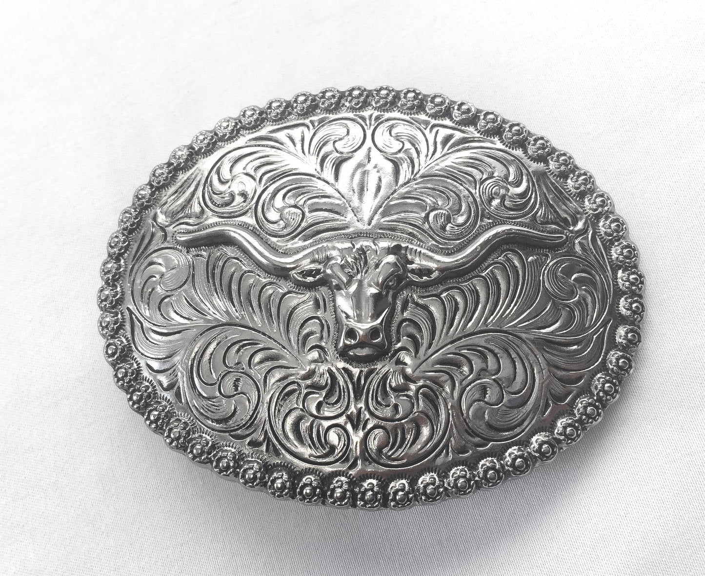 Metal Silver Toned Longhorn Engraved Oval Belt Buckle, 3.25" x 2.5", Vintage Western Accessories