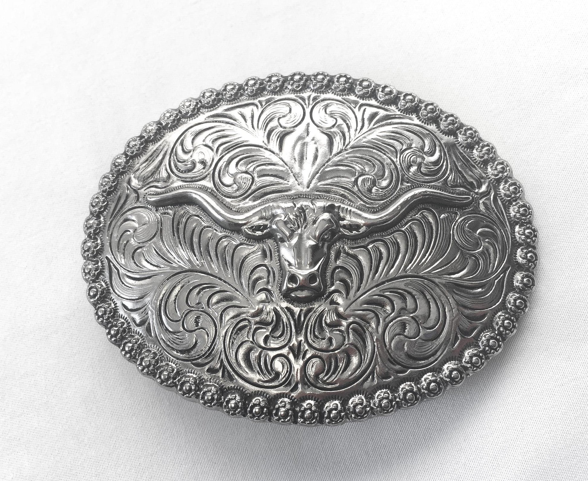Metal Silver Toned Longhorn Engraved Oval Belt Buckle, 3.25" x 2.5", Vintage Western Accessories