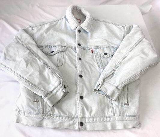 Vintage 90s Levi's Ultra Light Wash Sherpa Lined Denim Trucker Jacket, Men's Sz. L