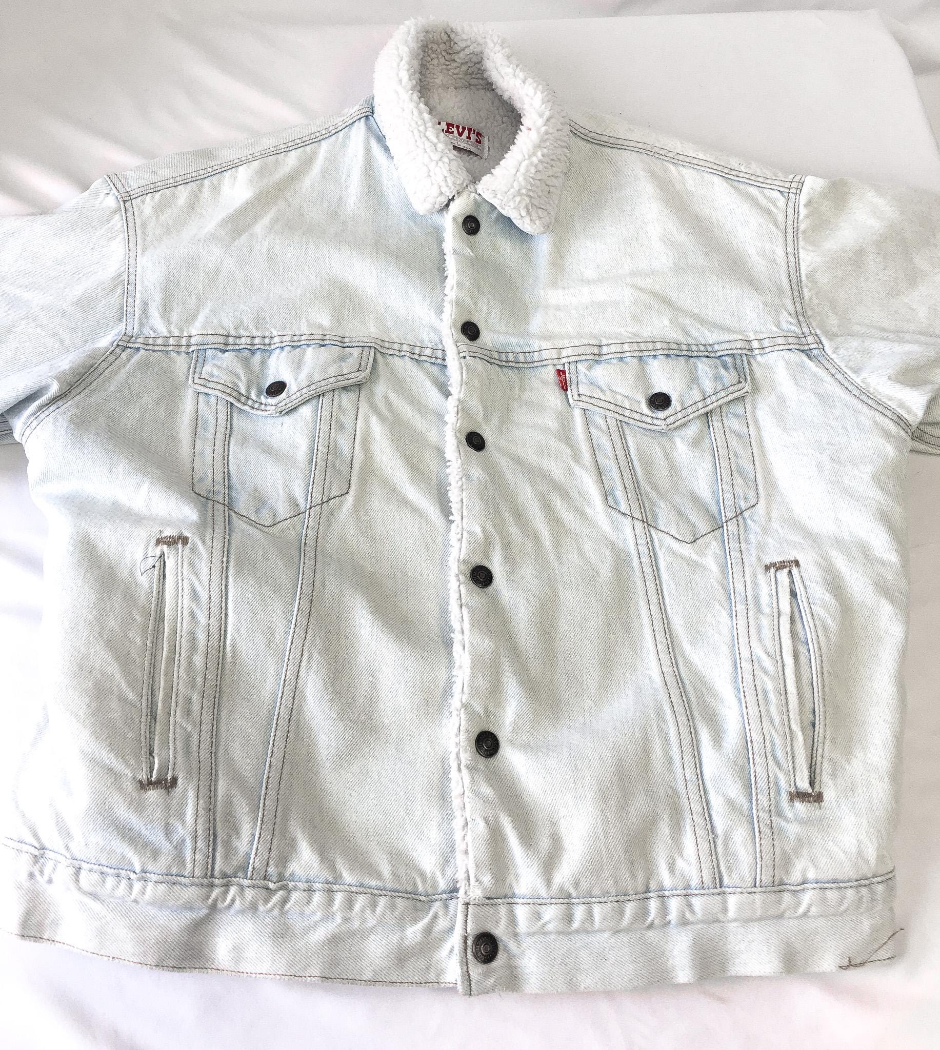 Vintage 90s Levi's Ultra Light Wash Sherpa Lined Denim Trucker Jacket, Men's Sz. L